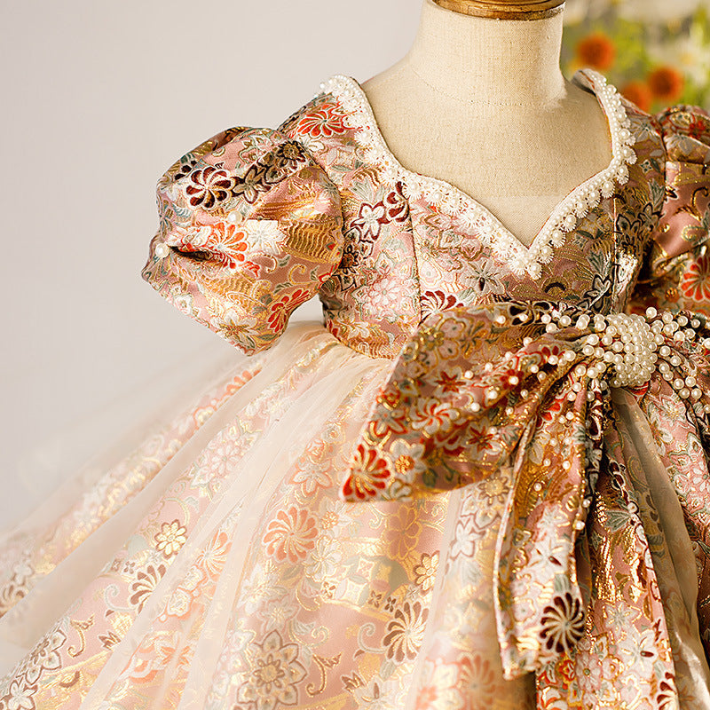 Floral Princess Tea Length Flower Girl Dress with Beaded Bows - Elegant Flower Girl Attire for Weddings, Parties & Special Occasions