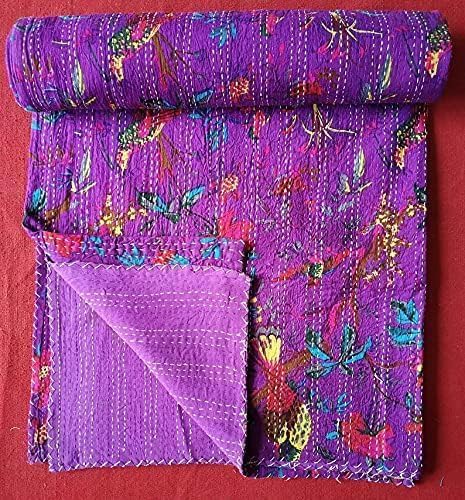 Handmade Indian Cotton Kantha Quilt - Reversible King Size 108x108 Inch Purple Bedspread with Bird Print | Boho Chic Throw Blanket for Bedroom Decor, Sofa Cover & Cozy Home Accent