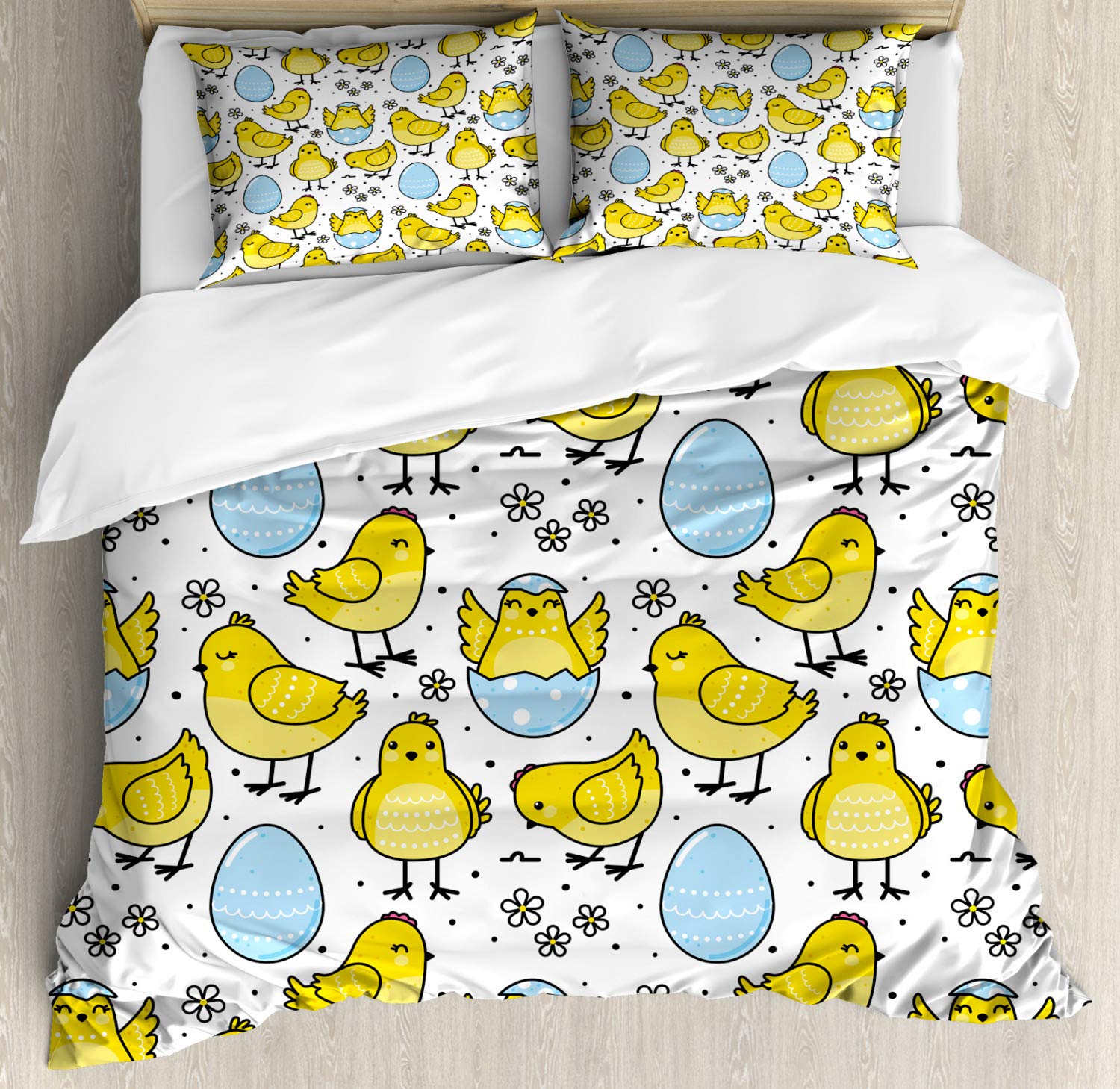 Ambesonne Farm Animal Duvet Cover Set - Chick & Cracked Easter Egg with Daisy Motifs, 3-Piece King Size Bedding with 2 Pillow Shams in Yellow, Pale Blue & White | Perfect for Easter Decor, Farmhouse Style Bedrooms & Spring Themed Home Decor