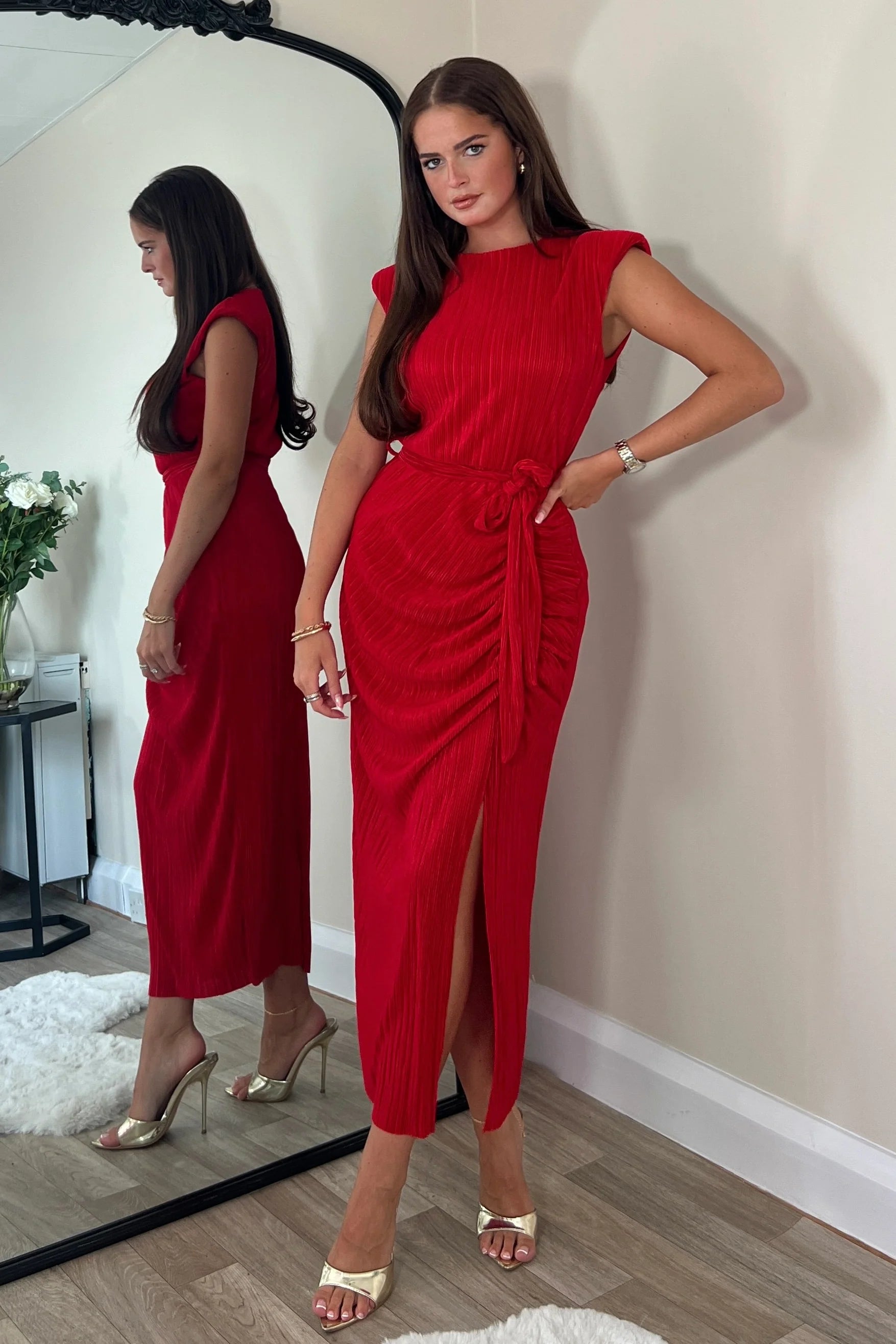 Elena Ruched Seamed Midi Dress for Women - Flattering Bodycon Cocktail Party Dress in Red | Perfect for Date Night, Wedding Guest & Special Occasions