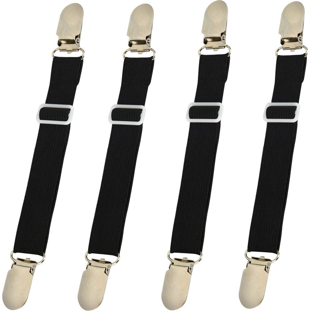 Adjustable Elastic Bed Sheet Clips & Straps - 4-Pack Black Sheet Grippers for Mattress, Secure Fit Sheet Holder - Perfect for Deep Pocket, King, Queen & Twin Beds - Home & Hotel Use