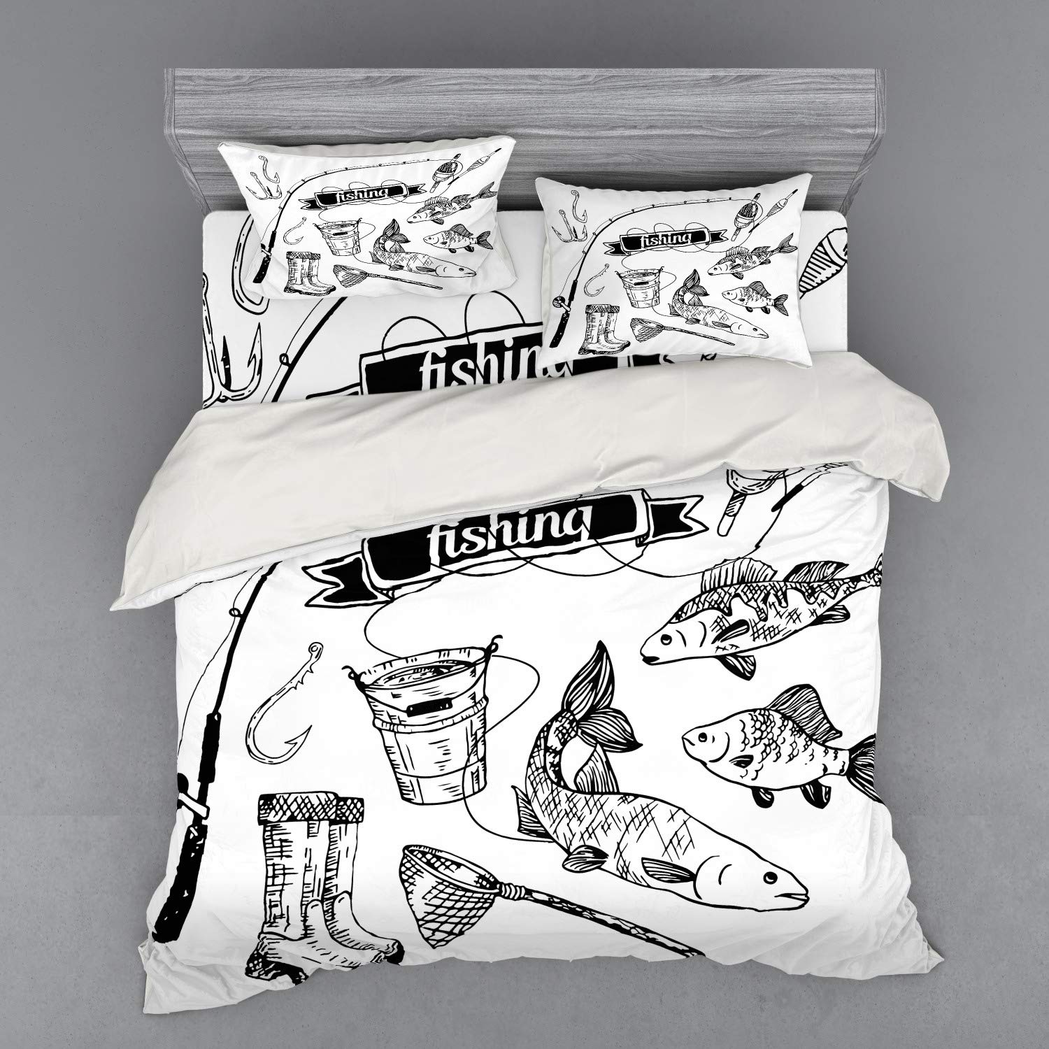 Ambesonne Fishing Themed 4-Piece King Size Bedding Set - Hand Drawn Salmon, Perch, Fishing Rod & Bucket Print Duvet Cover with Shams & Fitted Sheet, Black & White - Perfect for Angler's Bedroom & Fishing Lodge Decor