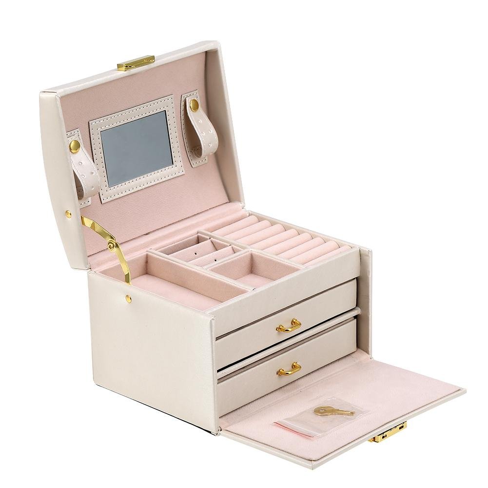 Greensen PU Leather Jewelry Organizer Box with Mirror & Lock - Modern Travel Jewelry Storage Case for Necklaces, Rings & Accessories - Perfect for Women's Jewelry Organization at Home or Travel (White)