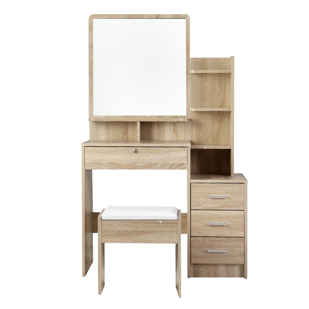 Vanity Makeup Desk Set with Mirror, Stool & Organizer Drawer - Solid Oak Dressing Table for Bedroom & Bathroom