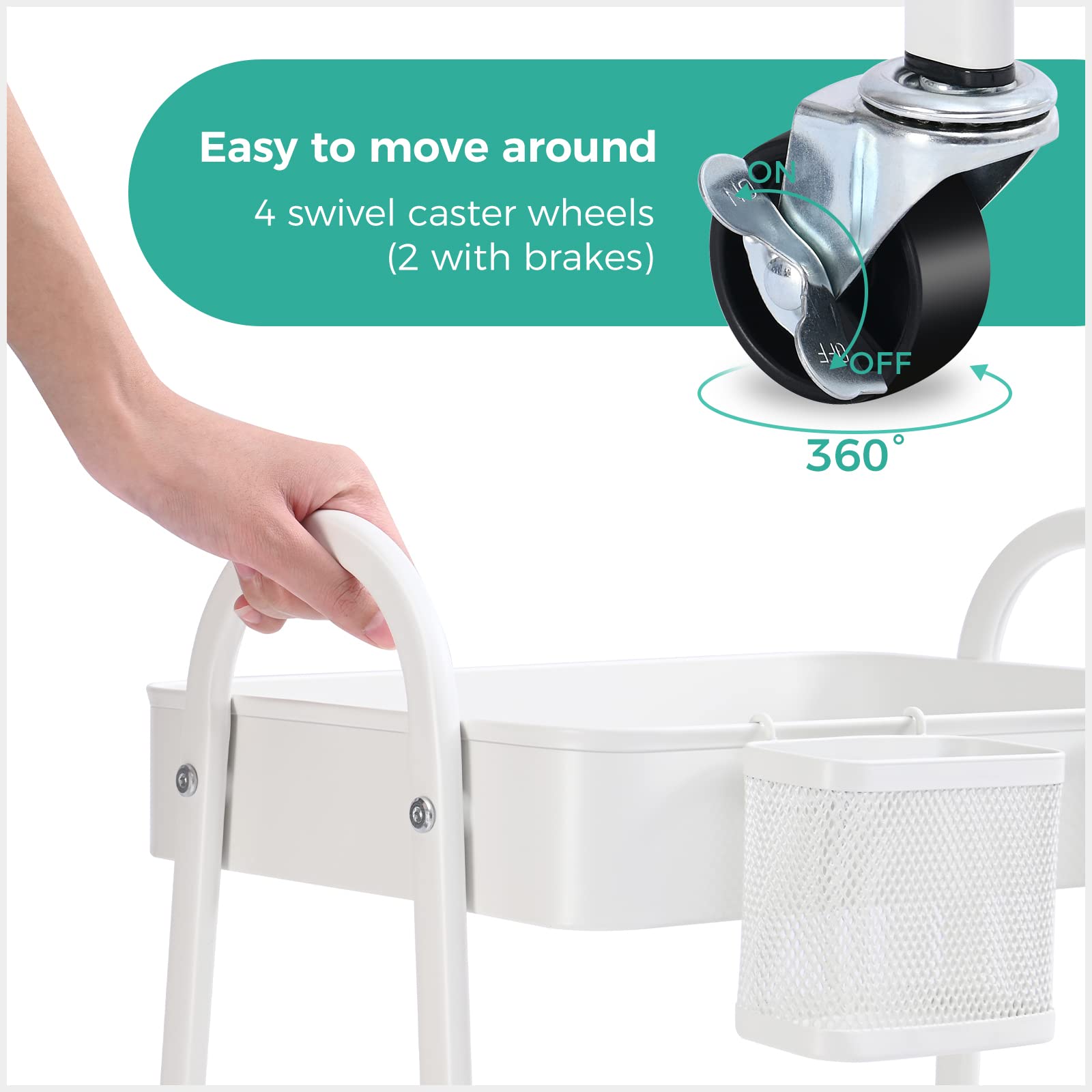 KINGRACK 3-Tier Rolling Utility Cart with Lockable Wheels & Handle - Metal Storage Cart with 2 Hanging Baskets & 4 Hooks - Perfect for Kitchen, Bathroom, Office, Dorm Room, Laundry Room & Garage Organization (White)
