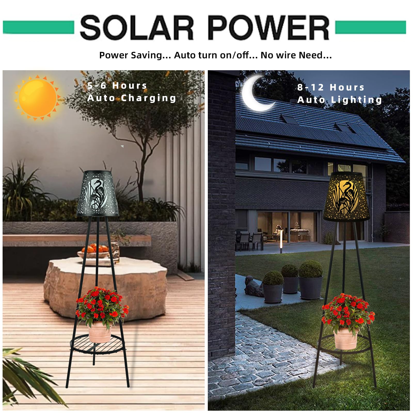EYZH 2 Pack Solar Floor Lamp Lights with Metal Plant Stand - Outdoor LED Lantern for Yard, Porch, Deck & Backyard Decoration | Flamingo Design, Weatherproof & Solar Powered for Patio, Garden & Pathway Lighting