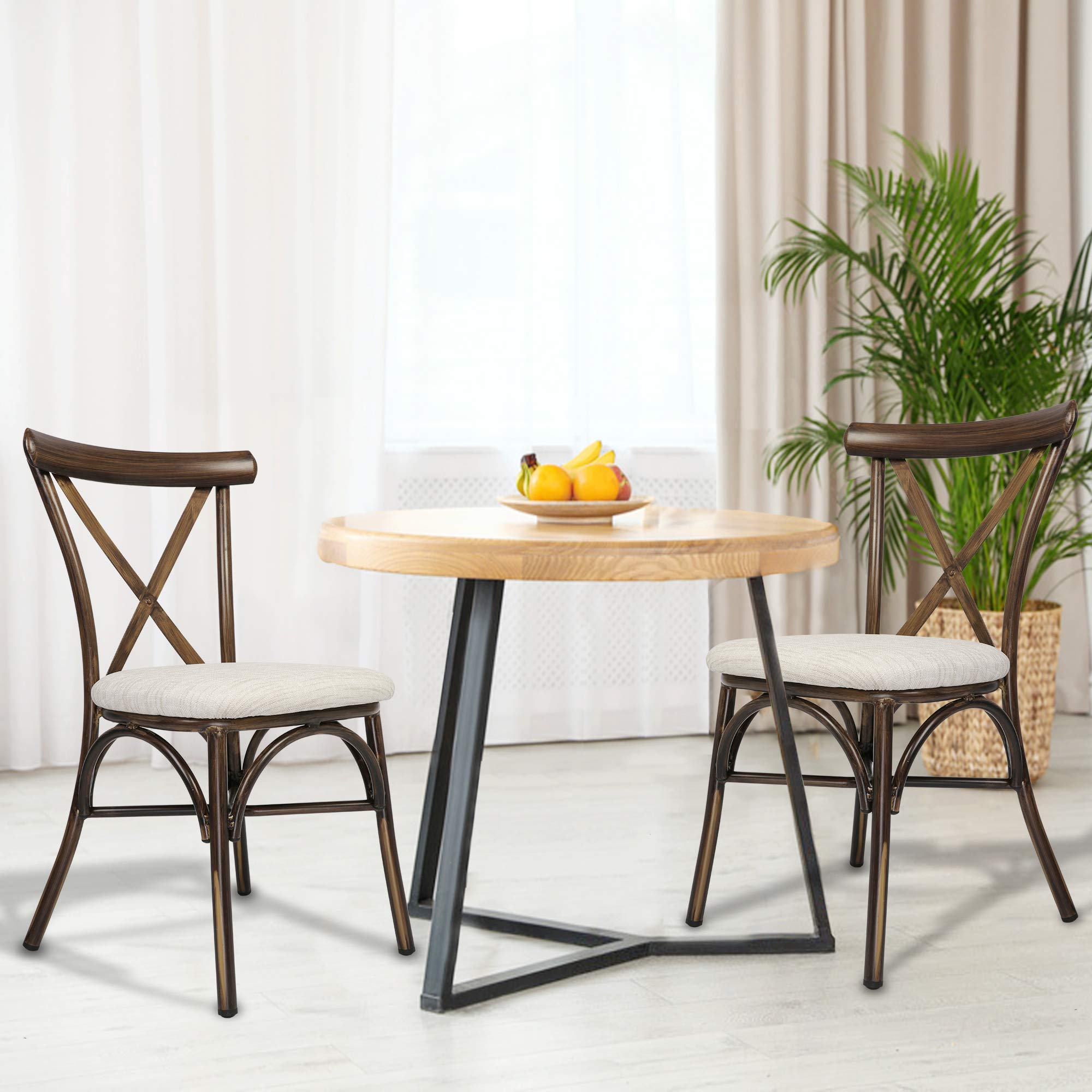 LUCKYERMORE 2-Piece Upholstered Dining Chair Set - Modern PU Leather Kitchen Chairs with X-Shaped Back & Aluminum Frame - Sturdy Comfortable for Indoor/Outdoor Use (Beige) - Perfect for Dining Room, Kitchen, Patio or Restaurant