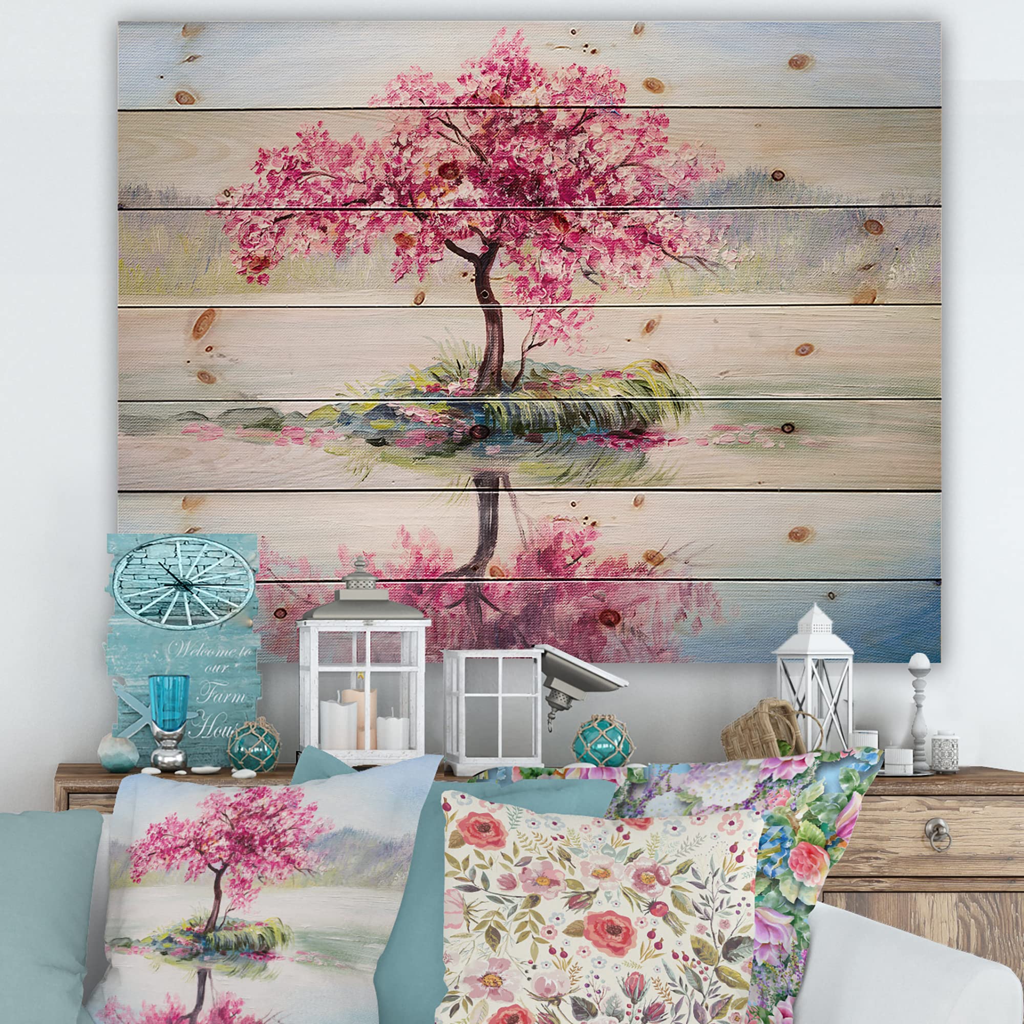 DesignQ Oriental Cherry Tree Sakura Lake House Wood Wall Decor - Pink Cherry Blossom Landscape Art on Natural Pine Wood Panel - Perfect for Living Room, Bedroom & Office Decoration