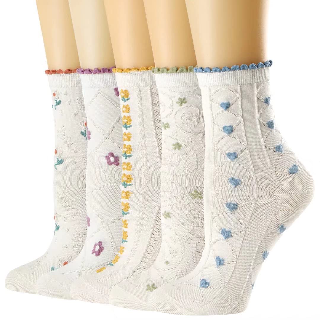 Albagu Women's Crew Socks - 5 Pack Cotton Casual Cute Floral Ankle Socks for Girls | Thin Dress Socks for Work, School & Everyday Wear | Fun Novelty Socks Collection