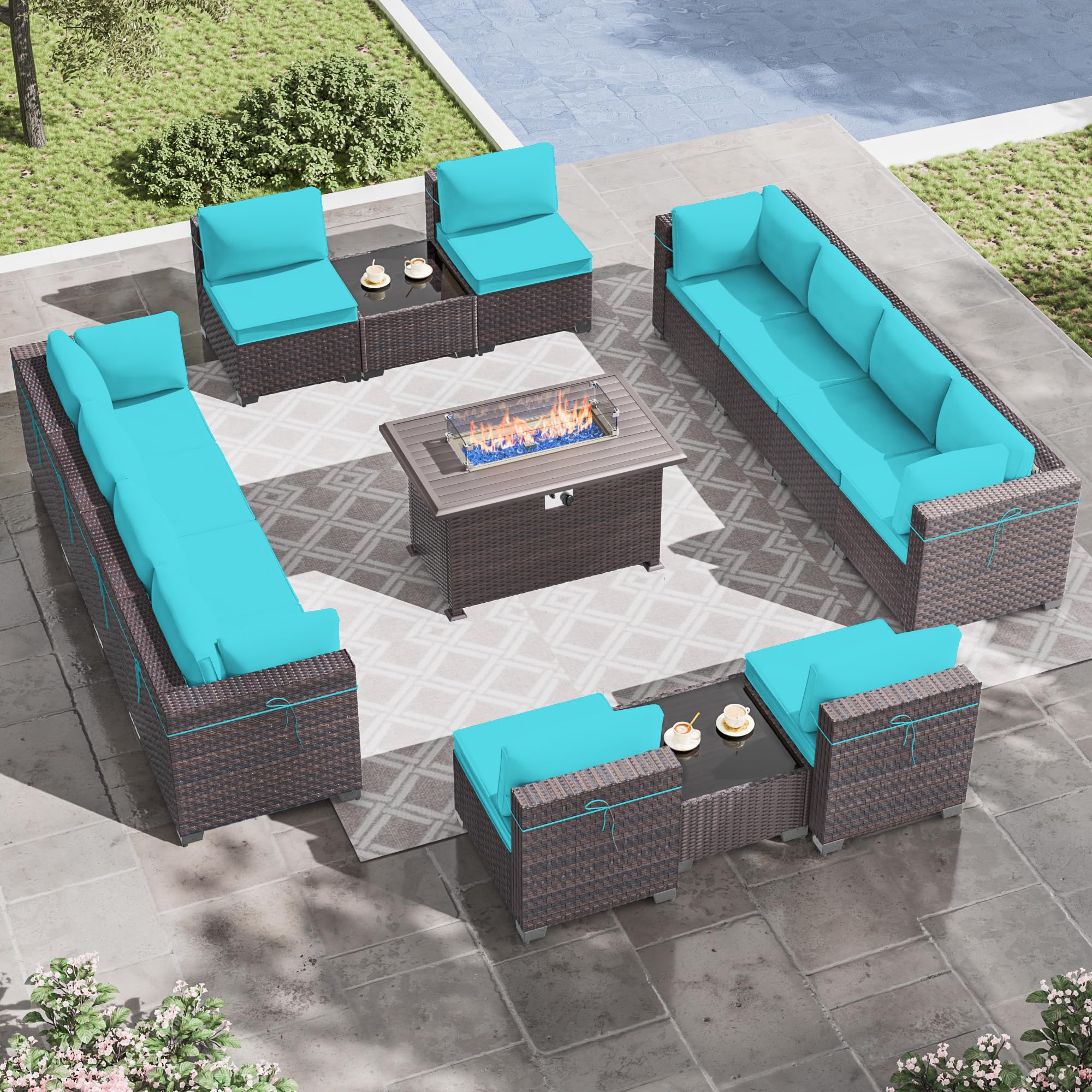 15-Piece Outdoor Patio Furniture Set with ETL-Approved Propane Fire Pit Table & Coffee Table - Blue Sectional Sofa Conversation Set for Backyard, Garden, Poolside & Deck Relaxation