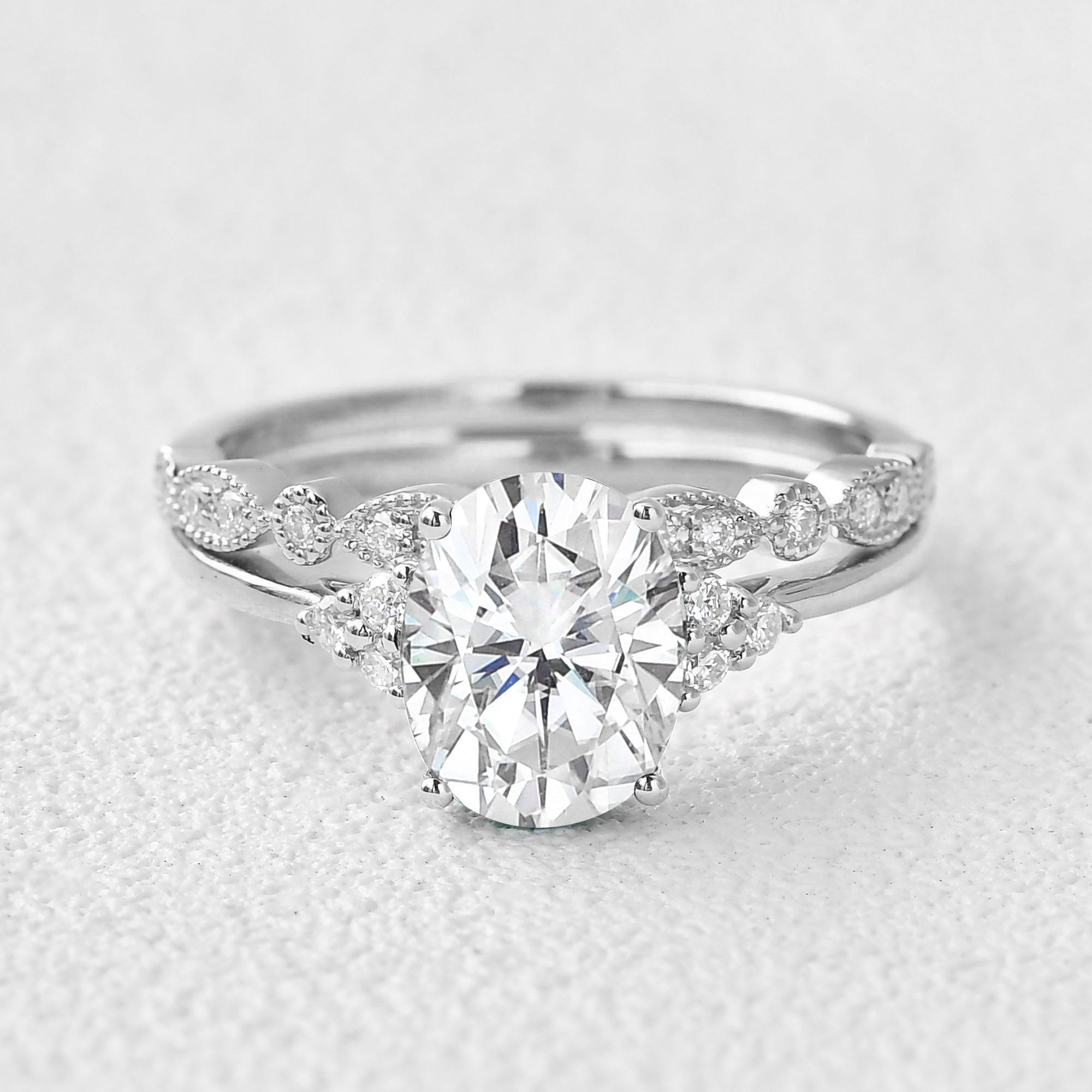 2.0ct Oval Cut Moissanite Vintage Cluster Ring Set - 2 Piece Bridal Wedding Ring Set for Engagement, Anniversary & Special Occasions