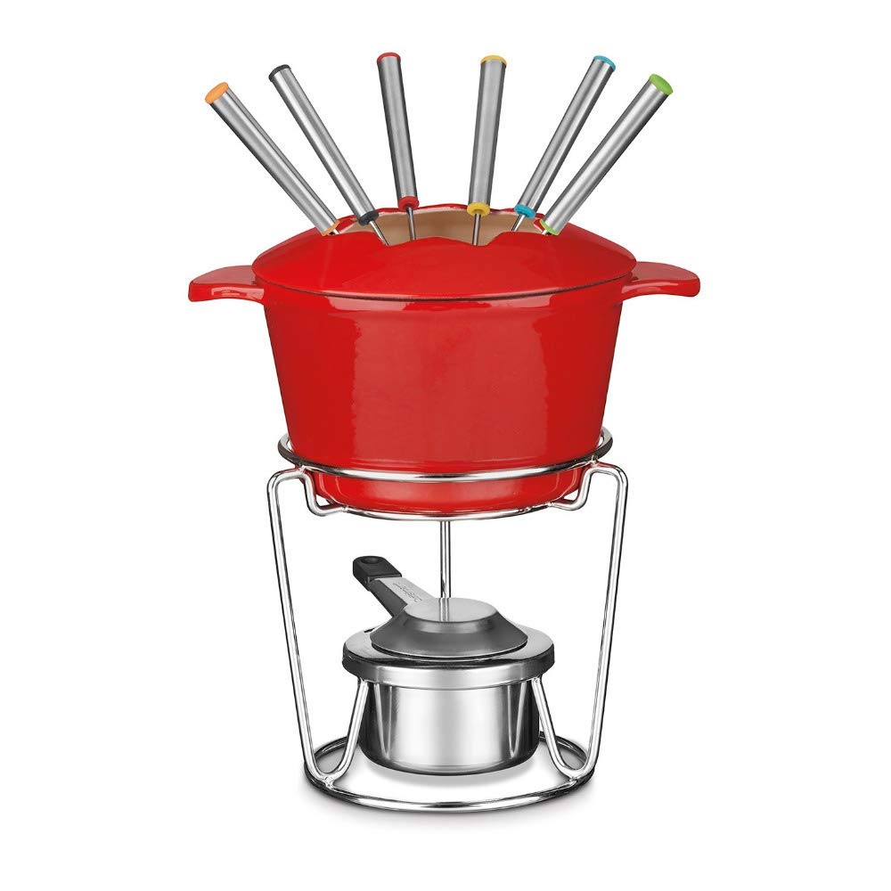Cuisinart 13-Piece Cast Iron Fondue Set with Stainless Steel Forks - Red | Perfect for Cheese, Chocolate & Oil Fondues, Dinner Parties & Family Gatherings