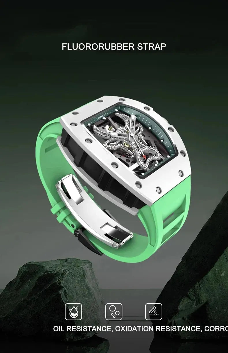 Luxury CRONUSART Men's Automatic Skeleton Watch - Tonneau Carbon Fiber Case, Luminous Dial, Fluororubber Strap - Perfect for Business, Formal & Casual Wear