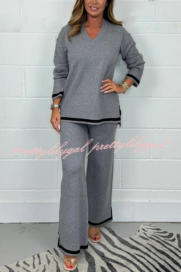 Solid Color V-Neck Long Sleeve Loose Top & Elastic Waist Wide Leg Pants Set - Women's Casual Outfit for Work, Travel and Everyday Wear