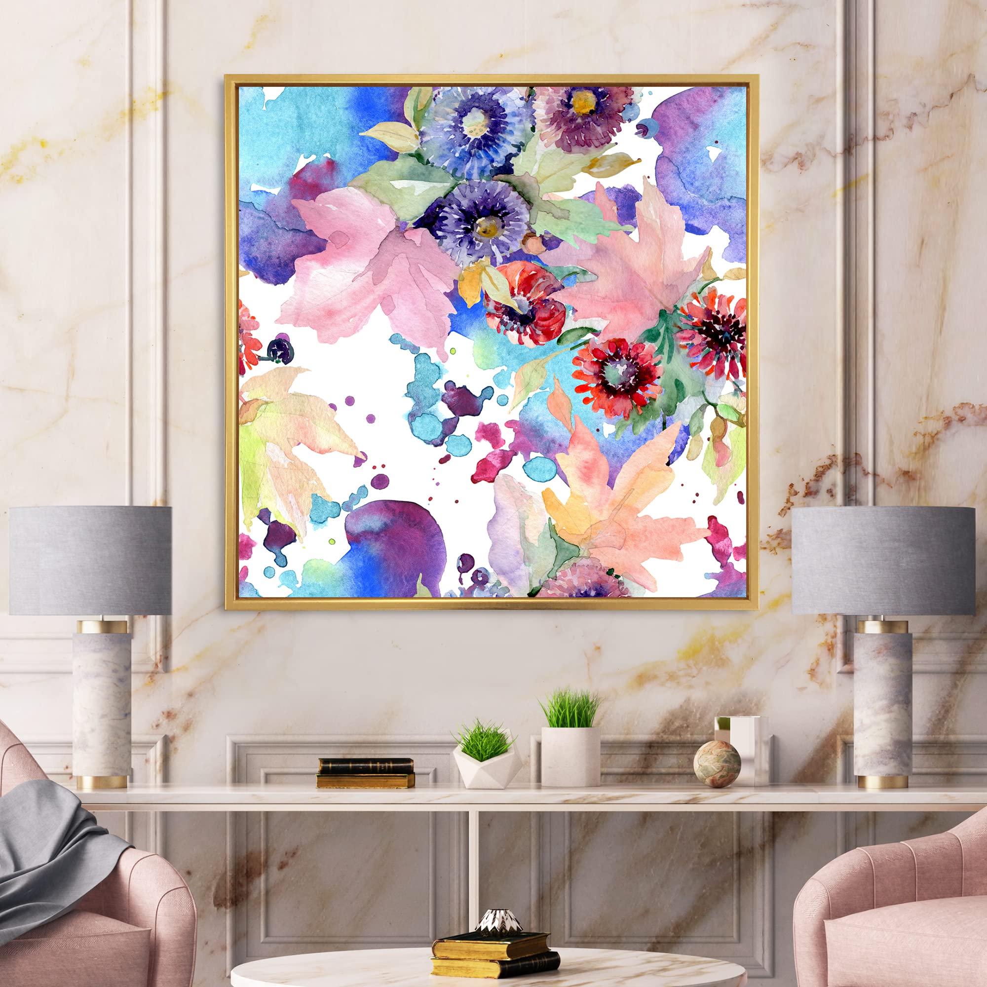DesignQ Vibrant Wild Spring Leaves & Wildflowers VIII - Modern Framed Canvas Wall Art Print for Living Room, Bedroom Decor | Nature-Inspired Home & Office Wall Decor