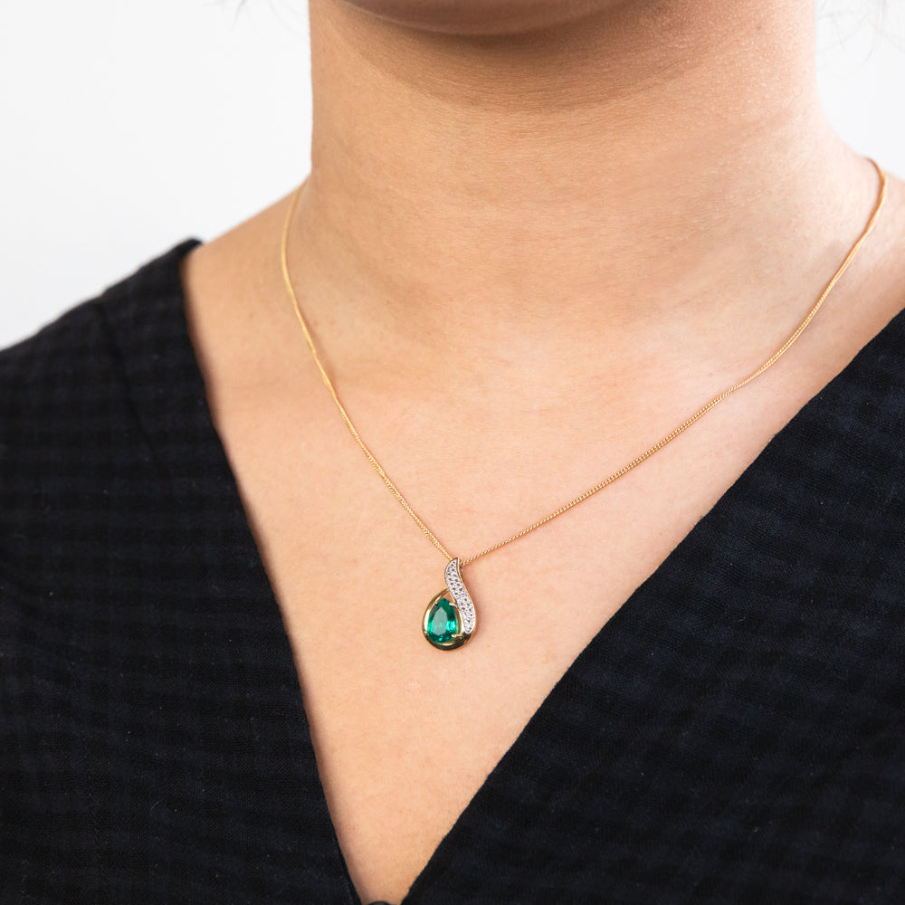 9ct Gold Created Emerald & Diamond Pendant Necklace for Women - Elegant Jewelry Gift for Birthday, Anniversary & Special Occasions