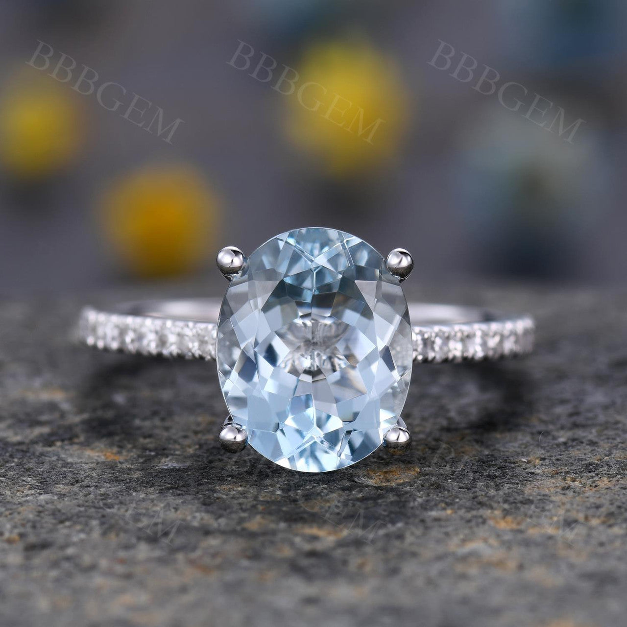 14K White Gold Oval Cut Aquamarine Solitaire Ring with Half Eternity Diamond Accents - Perfect for Engagement, Anniversary & Special Occasion Gifts