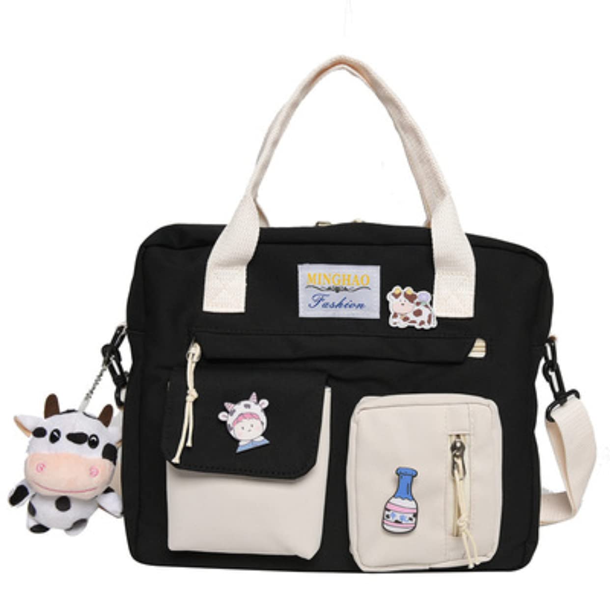 Cute Pastel Aesthetic Backpack with Accessories - Kawaii School Backpack for Girls (Black, 11.8x10.2x3.1 Inches) - Perfect for School, Travel & Daily Use
