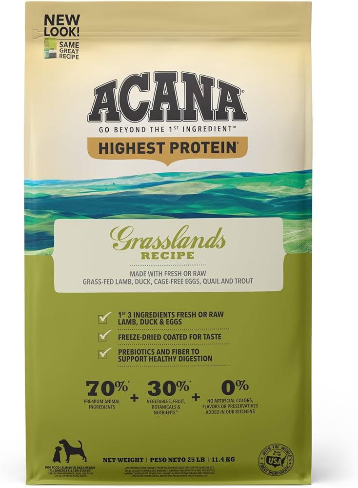 Acana Highest Protein Grain Free Dry Dog Food - Premium Grassland Recipe for Active Dogs - Ideal for Outdoor Adventures & High-Energy Breeds
