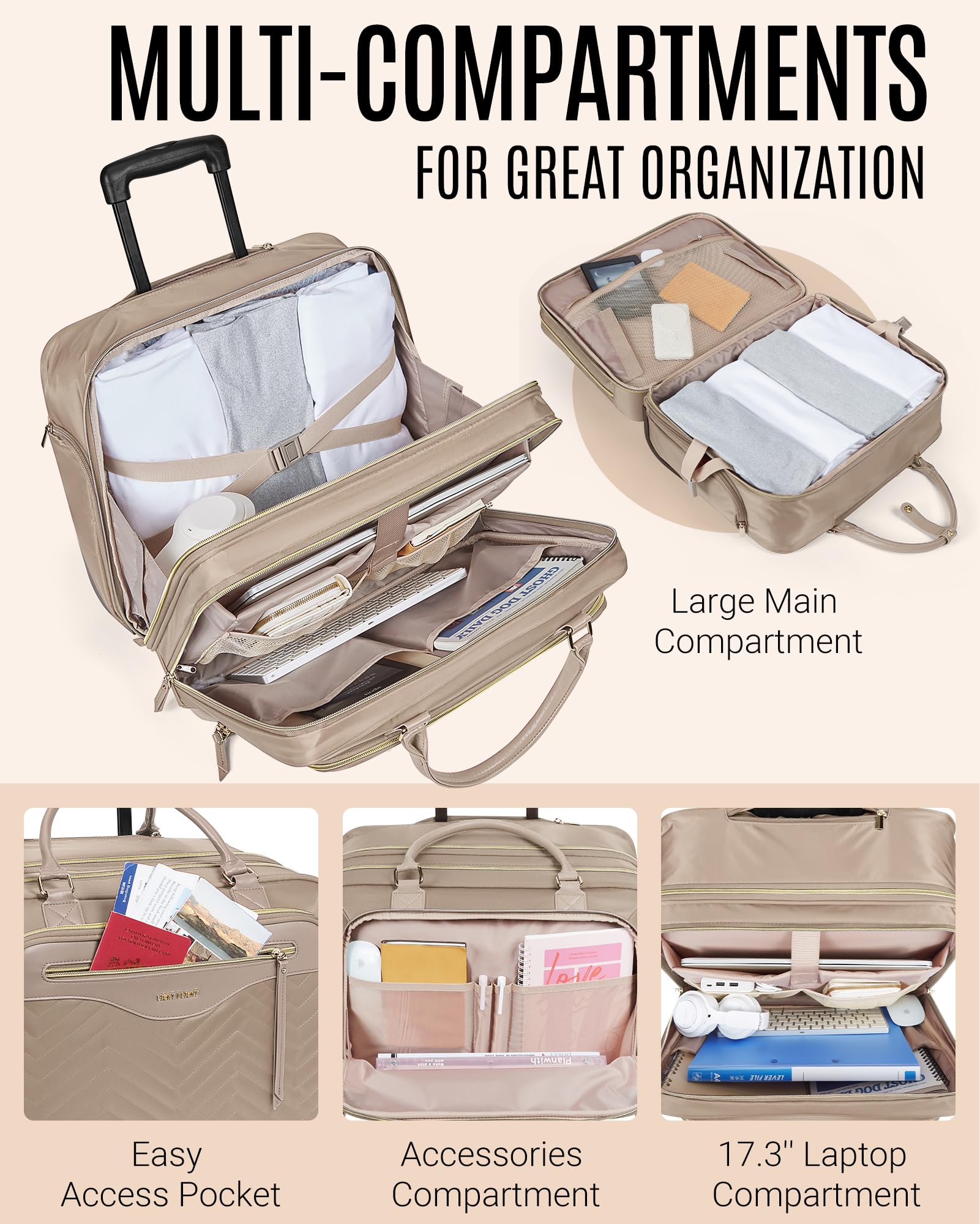 LIGHT FLIGHT 17.3 Inch Rolling Laptop Bag for Women - Wheeled Computer Briefcase with Telescopic Handle, Champagne - Perfect for Business Travel, Work Commute & Overnight Trips