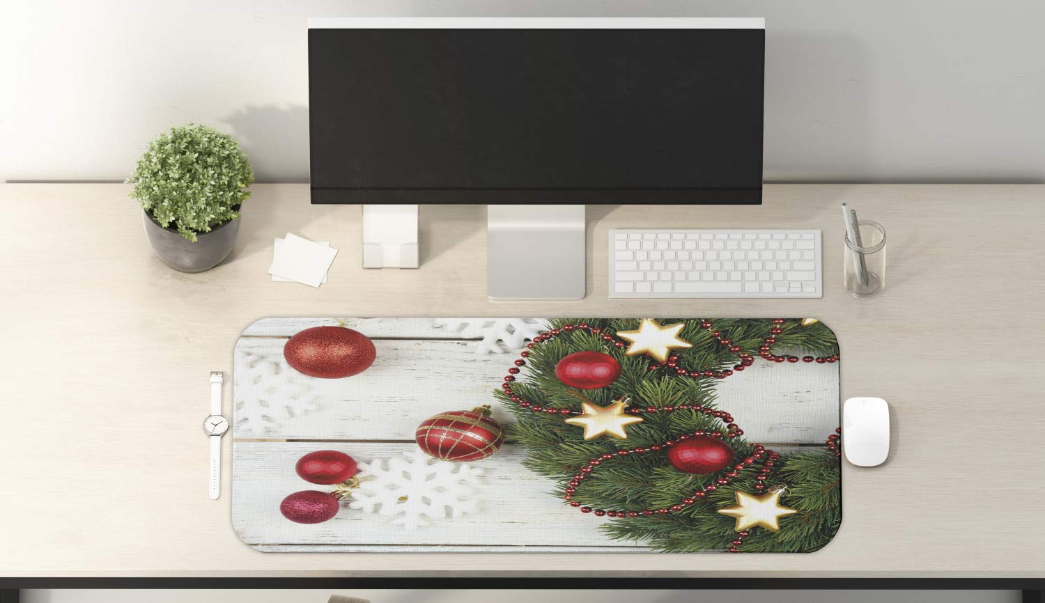 Ambesonne Christmas Computer Mouse Pad - Nostalgic Noel Floral Wreath with Balls & Ribbons on Rustic Background, Large 31