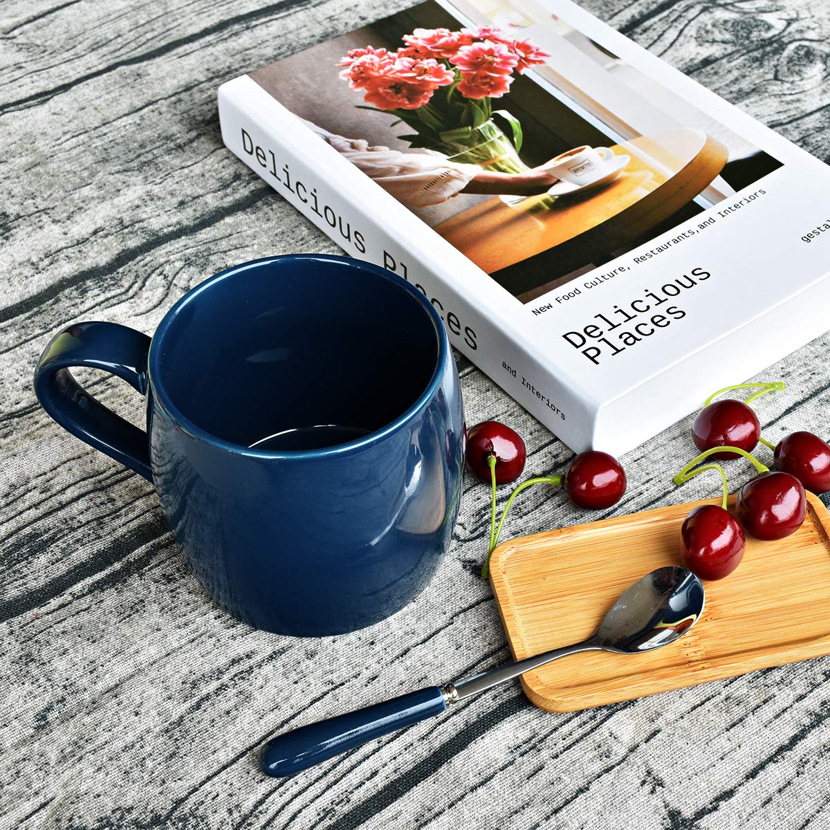 Bosmarlin 14 oz Ceramic Coffee Mug with Spoon - Blue Glossy Tea Cup for Office, Home, Travel - Dishwasher & Microwave Safe - Perfect for Hot Beverages, Soups, and Desserts (1 Pack)