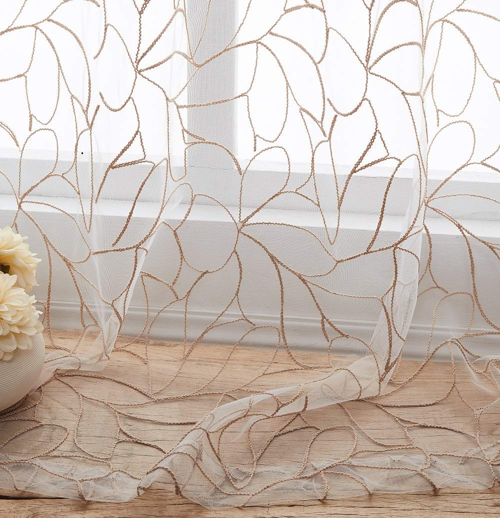 30 x 36 Inch Short White Kitchen Curtains with Brown Linen Thread - Boho Cafe Style Pair for Windows, Perfect for RV, Basement & Bathroom Decor | Warm Home Designs