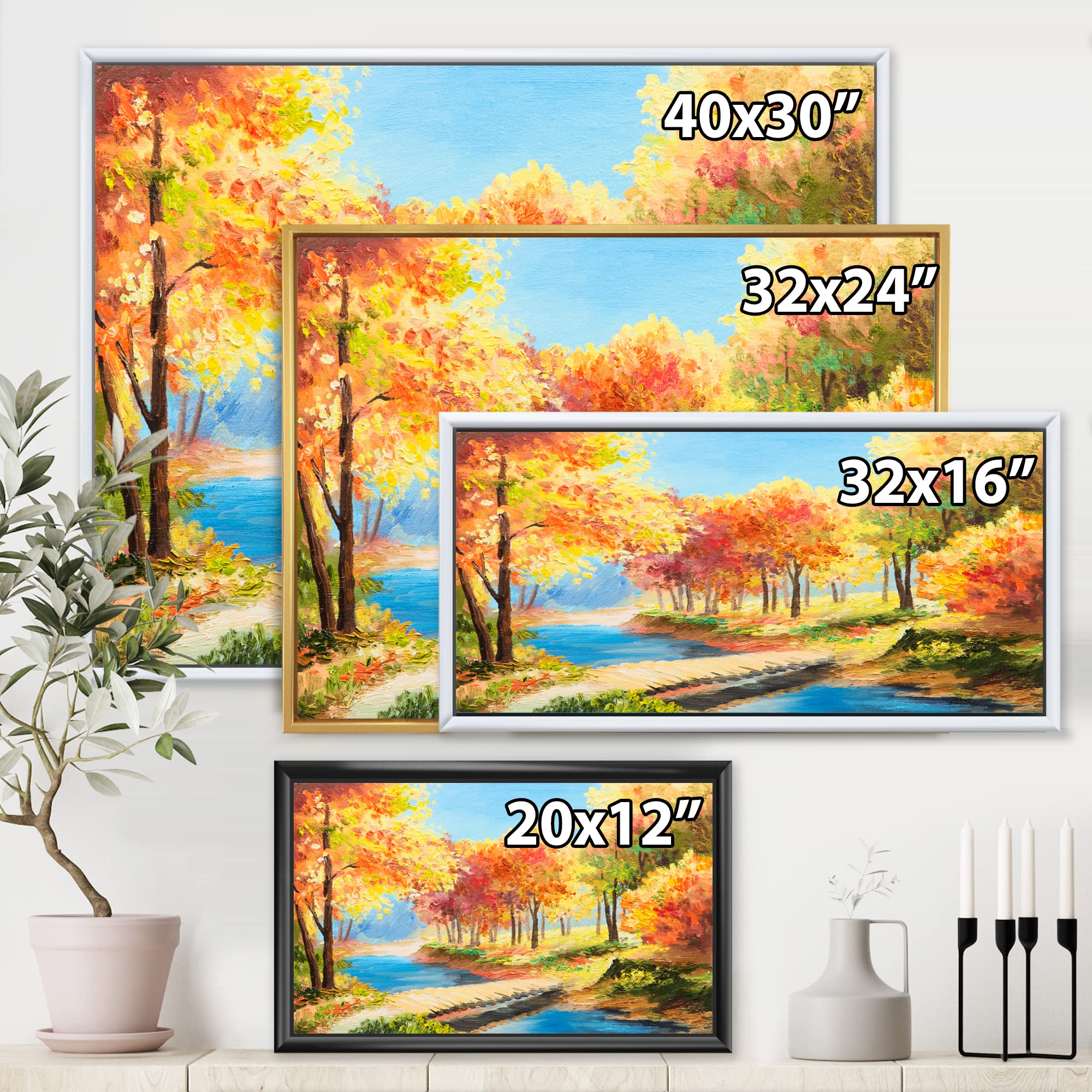 DesignQ Yellow and Orange Trees By The Riverside - Lake House Framed Canvas Wall Art Print for Living Room, Bedroom & Office Decor - Nature Landscape Painting for Home Interior Design