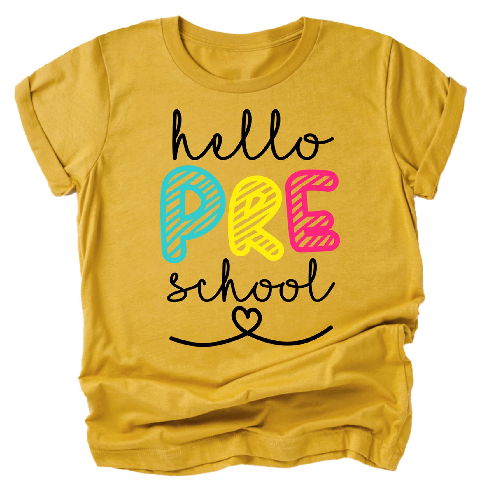 Olive Loves Apple Hello Preschool First Day of School Gift T-Shirt - Cute Back to School Outfit for Toddlers & Kids - Perfect for Preschool Graduation, Class Photos & First Day Celebrations