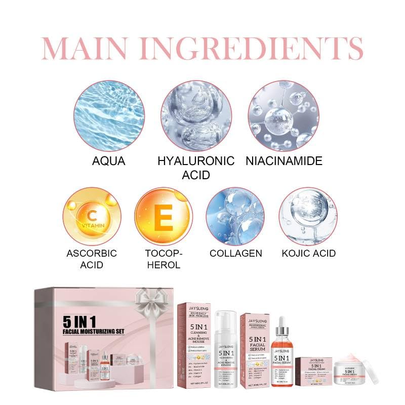 5 in 1 Anti-Aging Skin Care Set with 5% Collagen, 30% Vitamin C & Hyaluronic Acid - Facial Serum, Foaming Cleanser & Moisturizing Cream for Wrinkle Reduction & Brightening - Perfect for Daily Skincare Routine & Nighttime Regimen