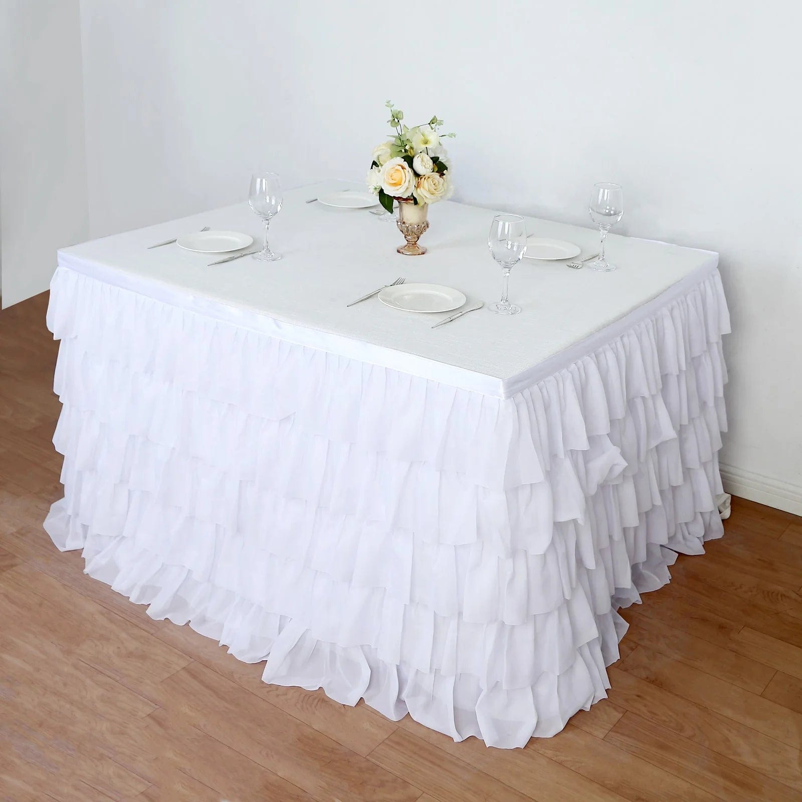 14 ft Chiffon 5 Tier Ruffled Tutu Table Skirt with Satin Backing - Elegant Party Decor for Weddings, Baby Showers & Banquets