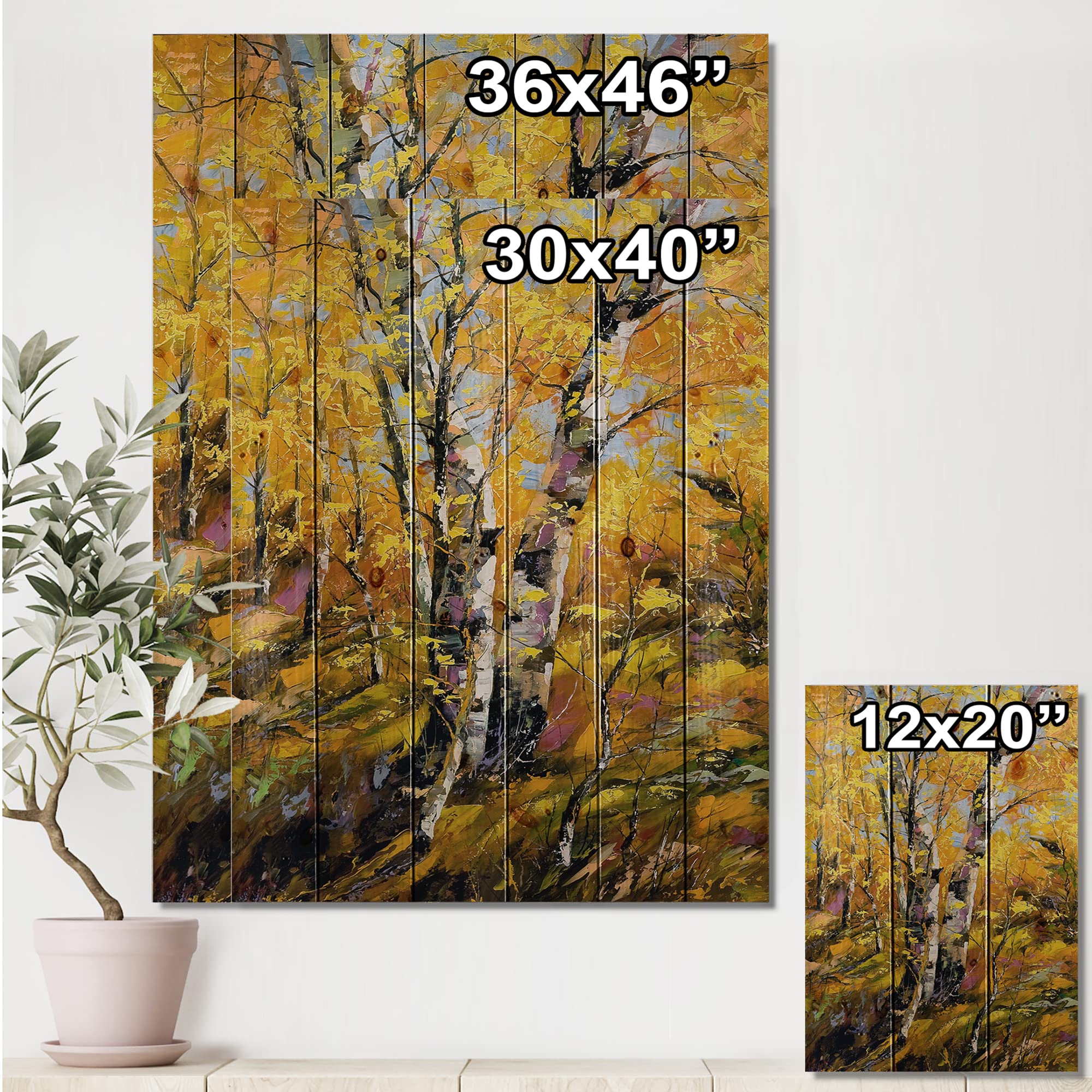 DesignQ Yellow Autumn Birch Trees Wood Wall Art - Large Country Landscape Panel Decor Printed on Natural Pine Wood - Perfect for Living Room, Bedroom, or Cabin Decor