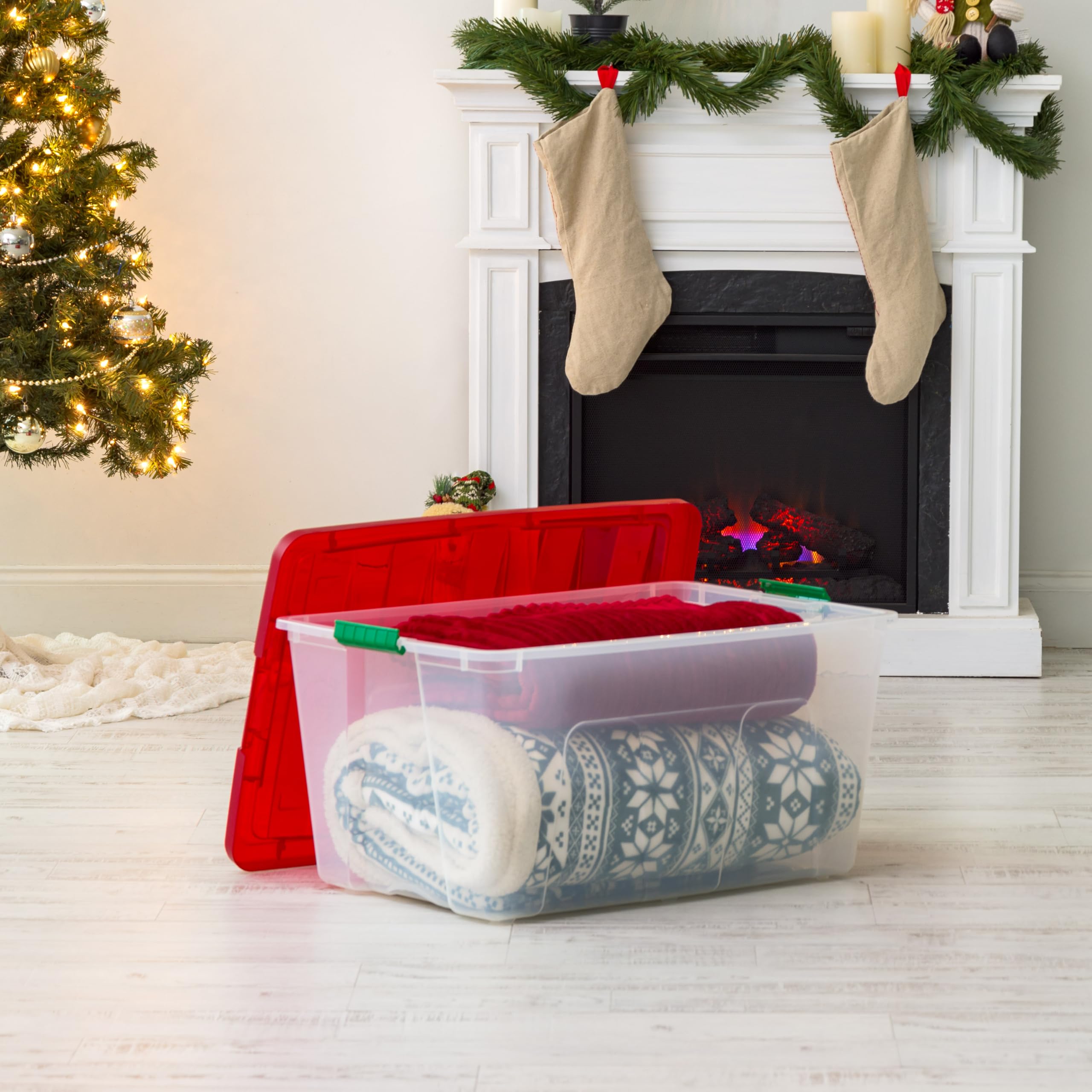 IRIS USA 94 Quart Stackable Plastic Storage Bins with Lids & Latching Buckles, 2-Pack - Clear/Red | Durable Holiday, Closet, Garage & Home Organization Containers | Perfect for Seasonal Decor, Toys & Household Storage
