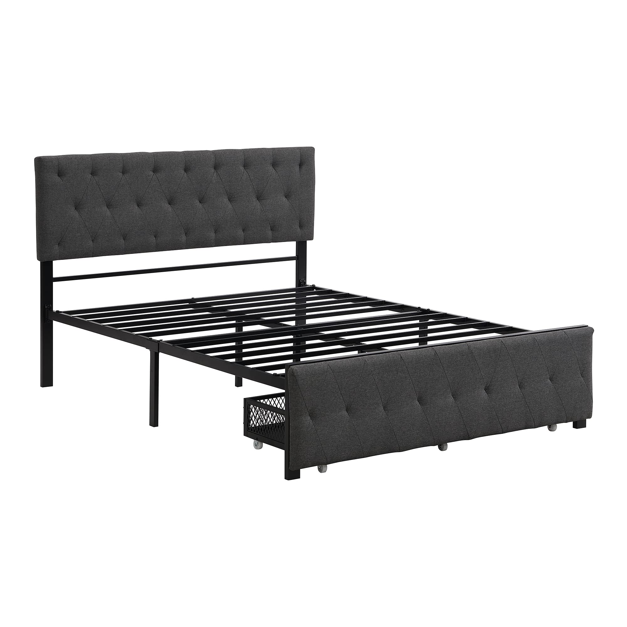 Knocbel Full Size Metal Platform Bed Frame with Linen Upholstered Headboard & Storage Drawers - 13 Heavy Duty Slats, No Box Spring Needed - Sturdy Mattress Foundation for Bedroom, Guest Room, Dorm - Easy Assembly Modern Bed Frame with Underbed Storage