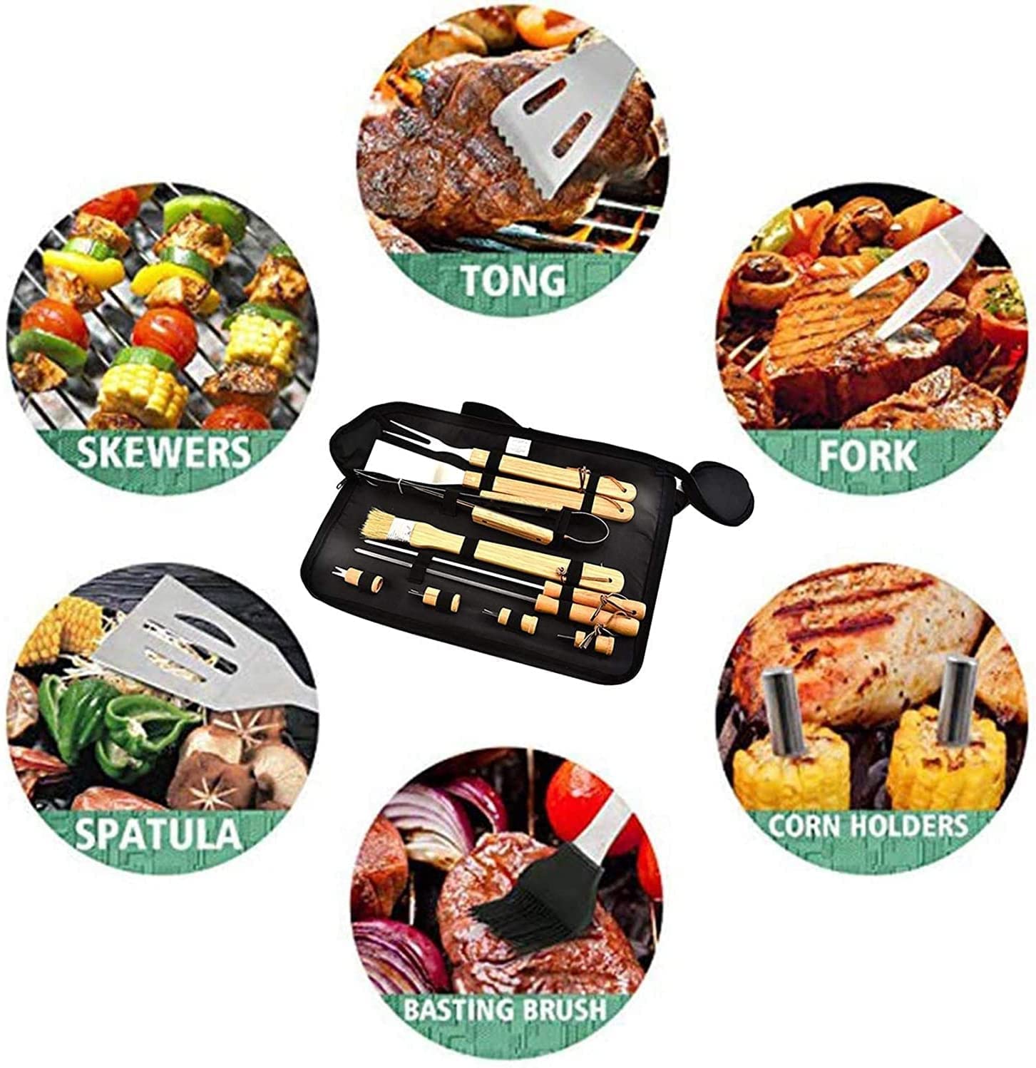 Premium Heavy Duty Stainless Steel BBQ Grill Set with Wooden Handle - 6-Piece Professional Grilling Tools for Outdoor Cooking, Camping & Backyard Barbecue | Ideal for Steak, Burgers, Vegetables & More