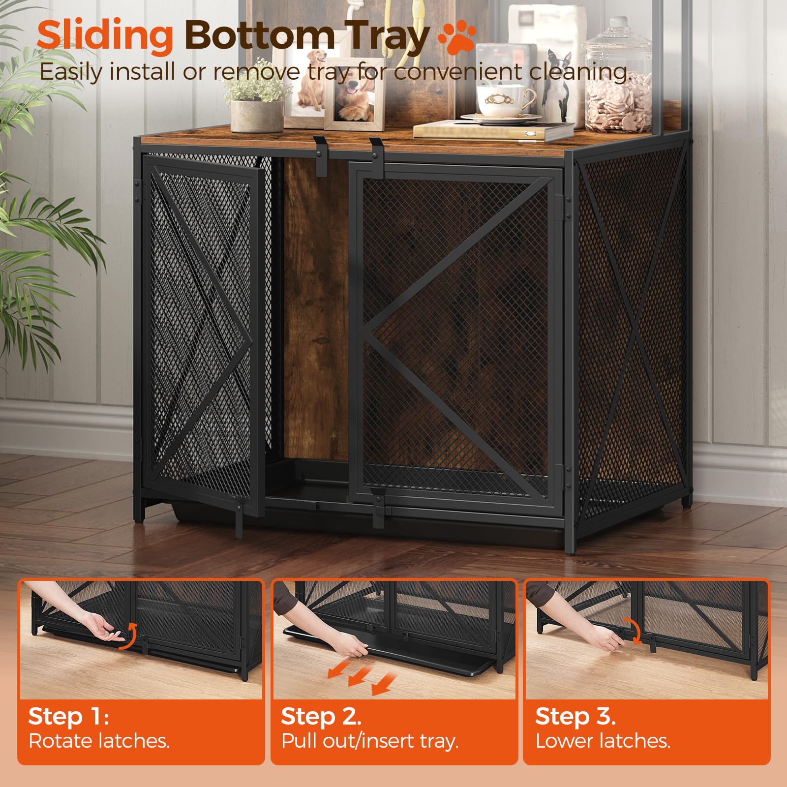 Heavy Duty Wooden Dog Crate Furniture with Storage Shelves & Leash Hooks - Rustic Brown Indoor Kennel for Small & Medium Dogs | Includes Removable Tray & Perfect for Living Room, Bedroom or Office Decor (DCHR12701)