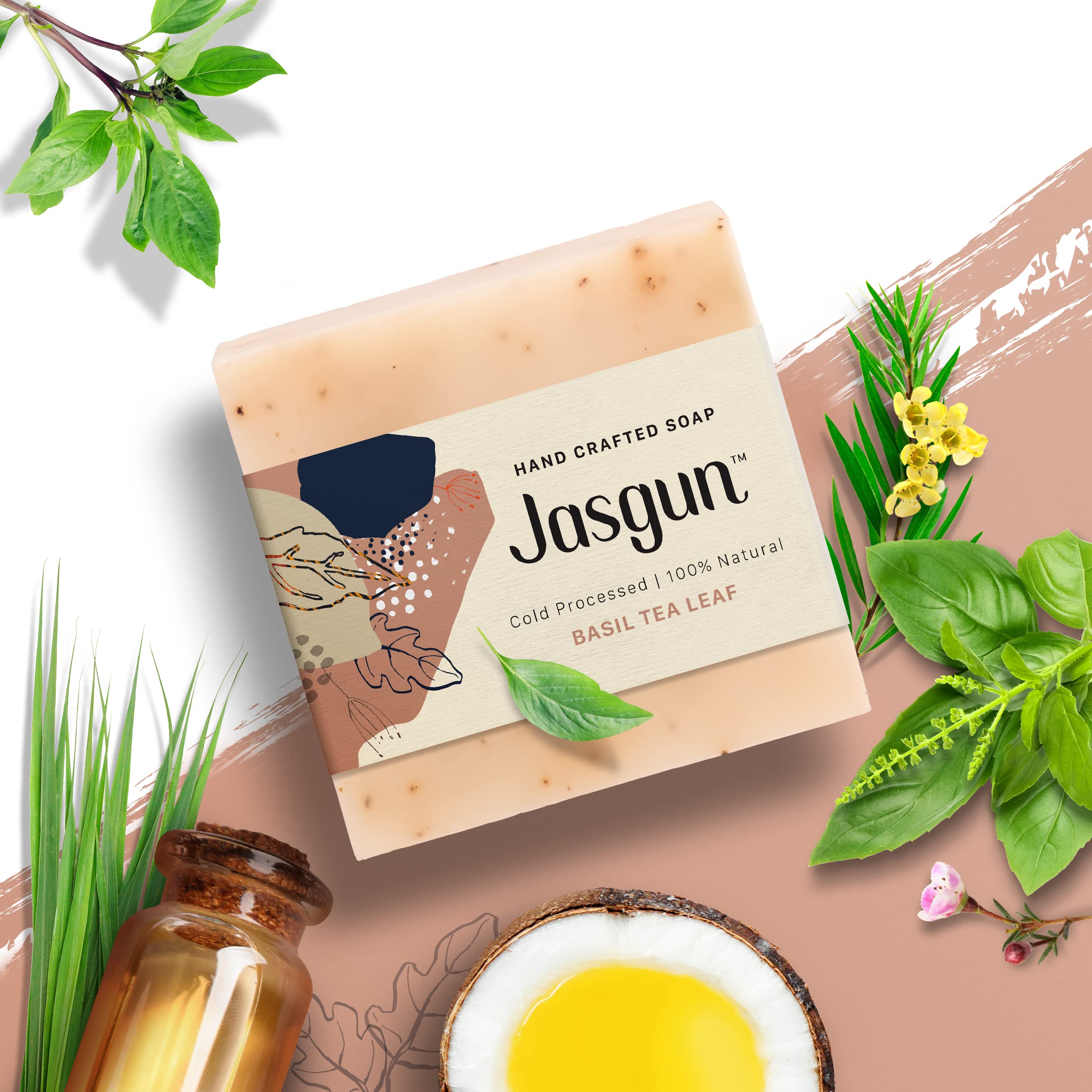 JASGUN 100% Natural Basil Tea Leaf Cold Processed Soap | Handcrafted with Basil Tea Oil | 120g Bar Soap for Face & Body | Refreshing Aromatherapy & Skin Care Gift