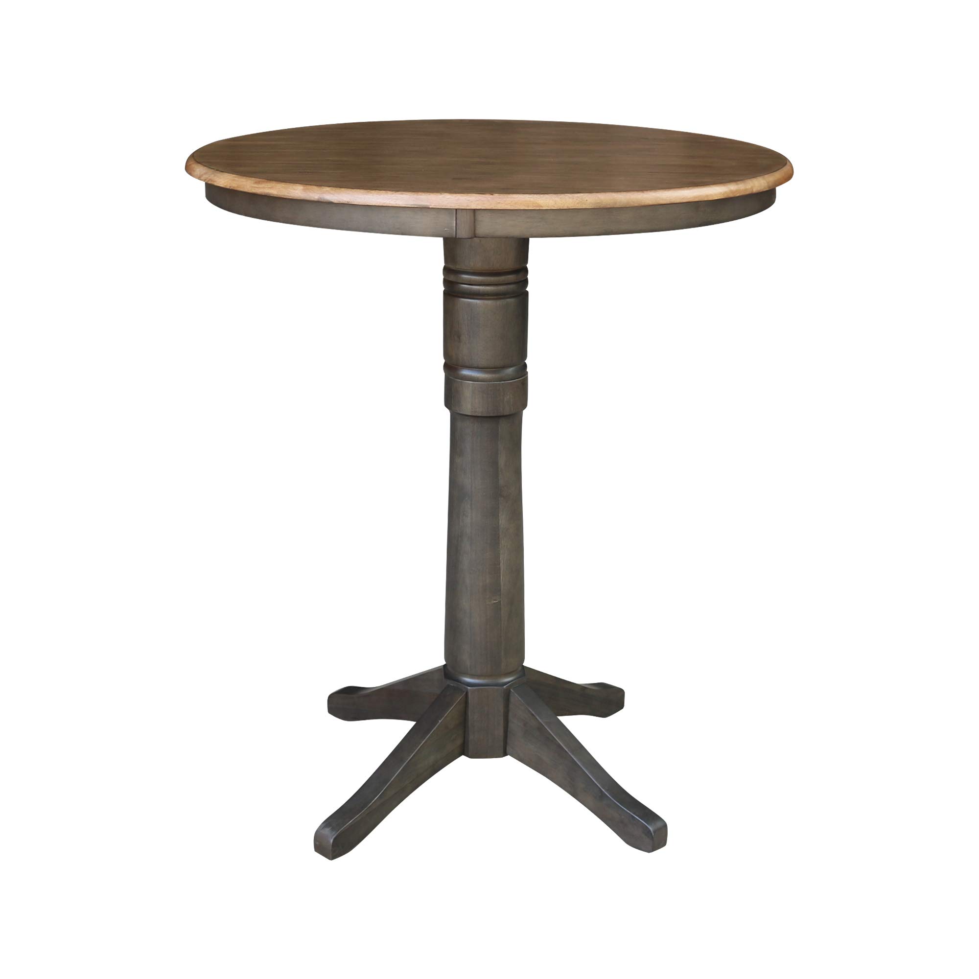 IC International Concepts Round Top Pedestal Dining Table - 36 Inch Bar Height - Solid Hickory Wood with Washed Coal Finish - Perfect for Kitchen, Breakfast Nook & Small Space Dining