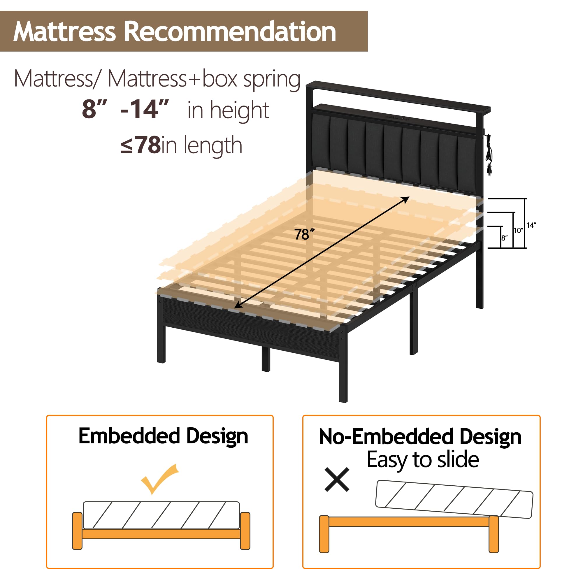 Full Size Bed Frame with USB Charging Station & LED Lights, Sturdy Metal Slats Platform Bed - Gray Upholstered Headboard with 2-Tier Storage Shelves, No Box Spring Required | Perfect for Small Bedrooms, Guest Rooms & Modern Apartments