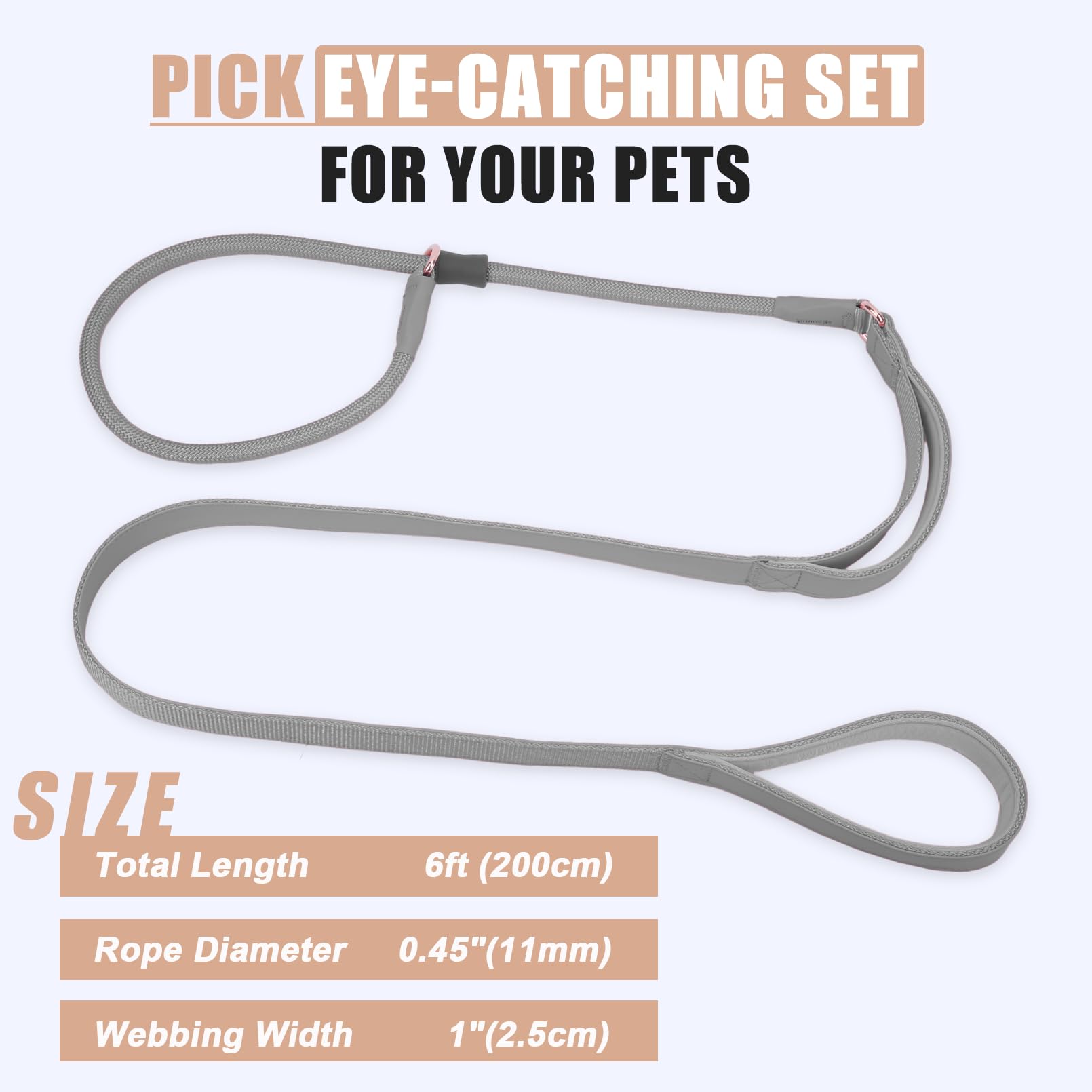 Premium Slip Lead Dog Leash - Double Handle Training Leash with Soft Leather & Heavy Duty Nylon - No Pull Walking for Small, Medium & Large Dogs (6ft, Grey) - Perfect for Obedience Training, Daily Walks & Outdoor Adventures