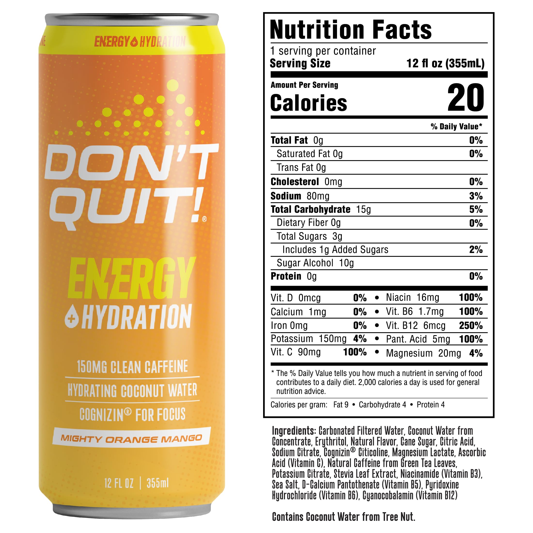 DON’T QUIT Clean Sports Energy Drink - 150mg Natural Caffeine, Coconut Water & Electrolytes for Hydration, Cognizin® for Focus - Mighty Orange Mango (12 Pack) | Pre-Workout Boost, Study Aid & Active Lifestyle Hydration