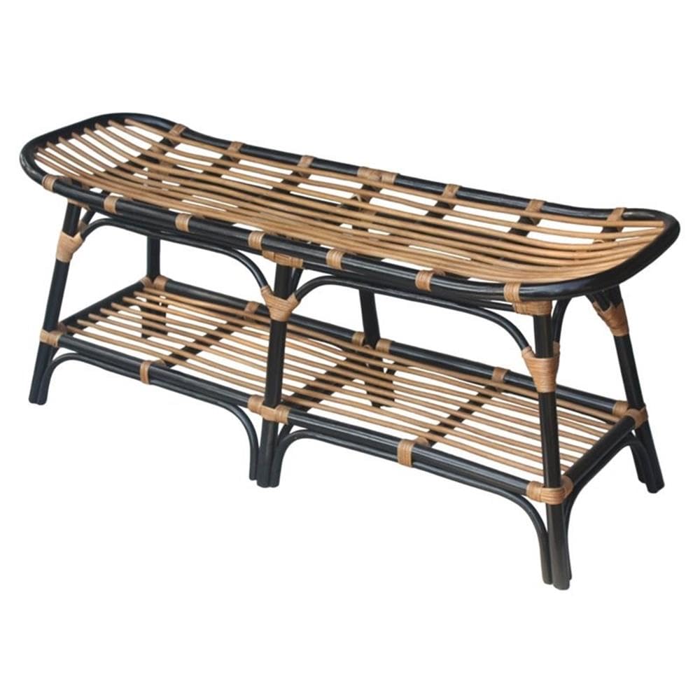 Damara Rattan Bench with Shelf - Black Outdoor Furniture for Patio, Garden, and Entryway Decor