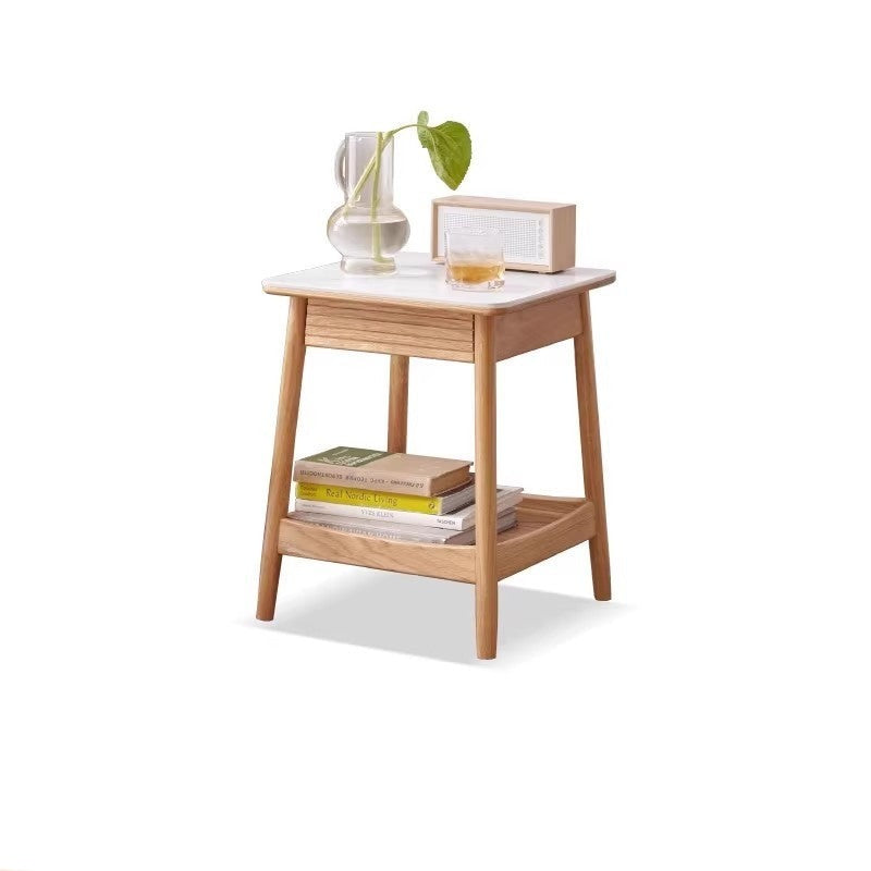 Solid Oak Wood Side Table with Double Layer Shelf - Perfect for Living Room, Bedroom, or Office Decor