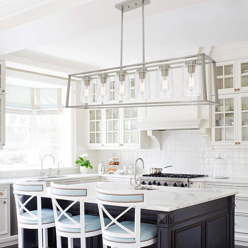 VINLUZ 6-Light Modern Chandelier Brushed Nickel Rectangular Pendant Light - Industrial Style Dining Room & Kitchen Island Lighting Fixture with Glass Shade | Perfect for Farmhouse, Restaurant and Open Concept Spaces