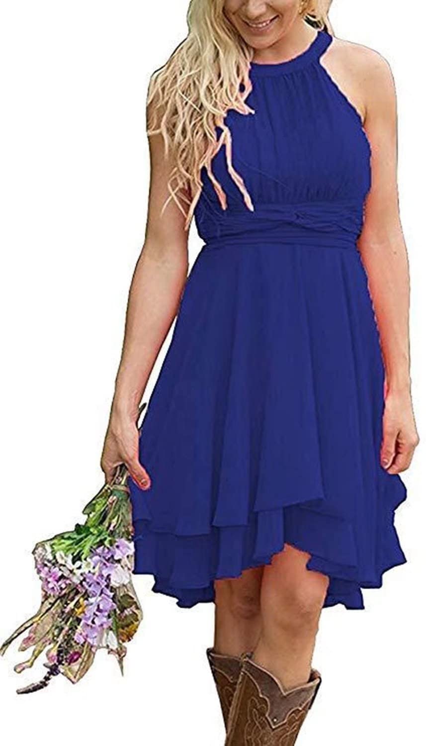 Royal Blue Chiffon Halter Bridesmaid Dress - Knee-Length Western Wedding Guest Dress for Women - Perfect for Country Weddings, Bridal Showers & Formal Events
