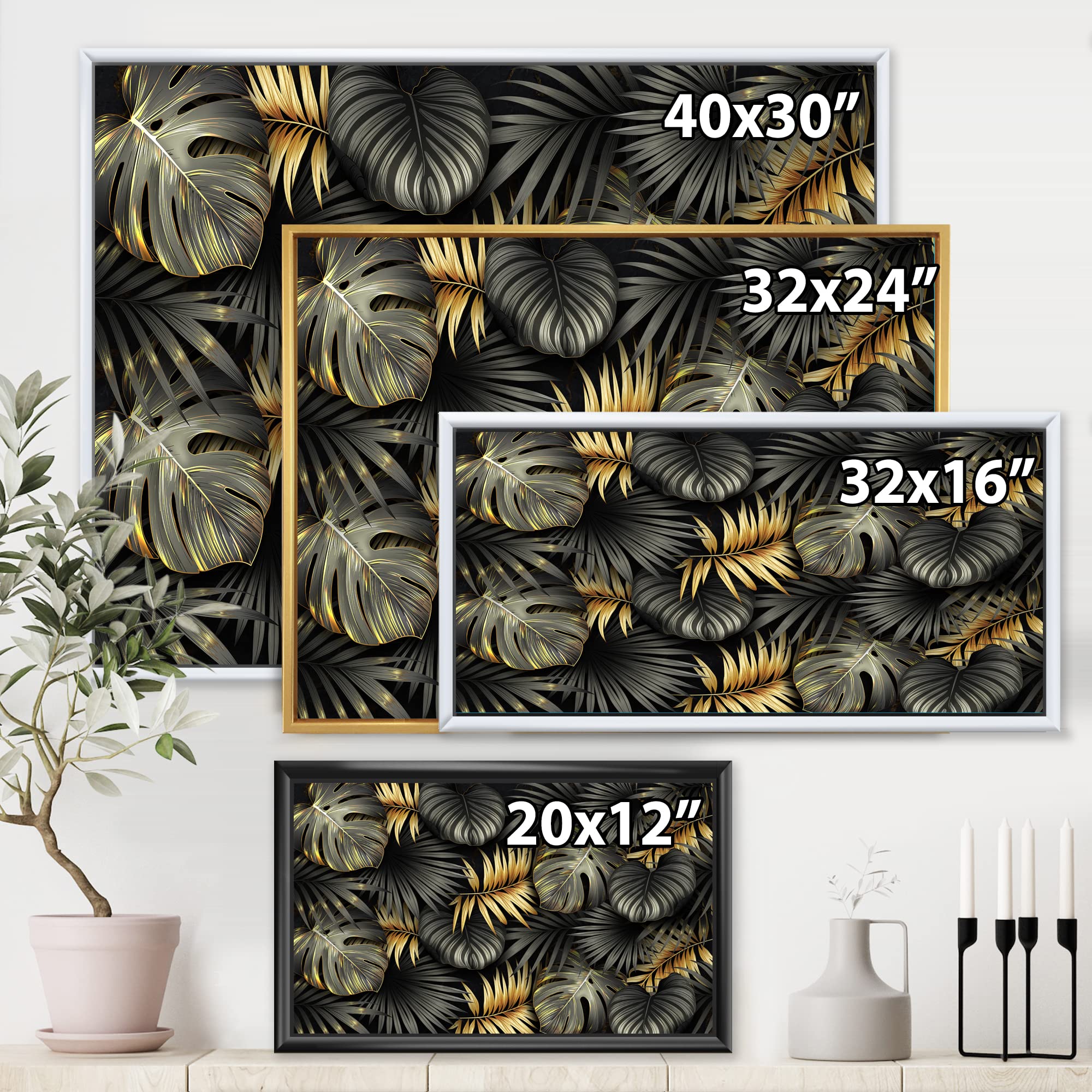 DesignQ Black and Gold Tropical Leaves II - Modern Framed Canvas Wall Art Print for Living Room, Bedroom & Office Decor | Nature Inspired Home Wall Decor