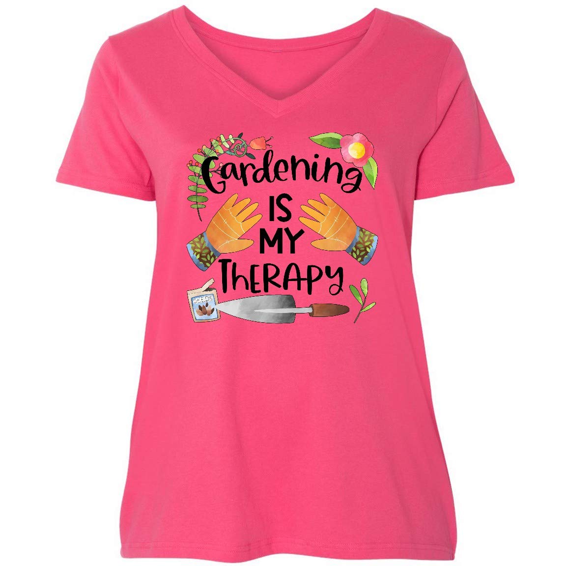Inktastic Gardening is My Therapy Gloves, Seeds & Women's Plus Size V-Neck T-Shirt - Perfect for Women Gardeners, Planting, Outdoor Activities & Casual Wear