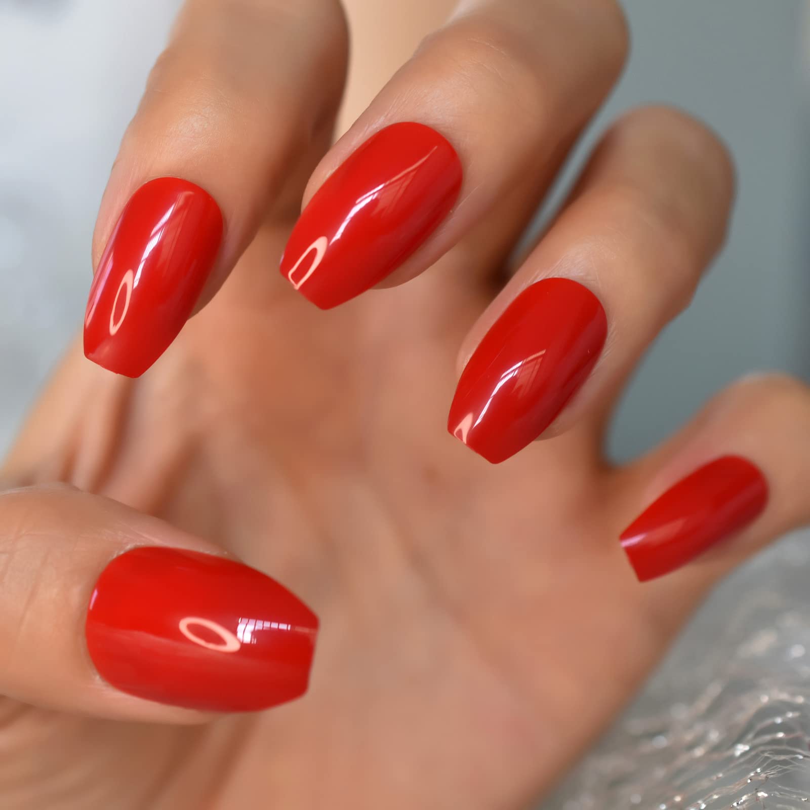 Glossy Red Press On Nails - Medium Coffin Shape Fake Nails with Full Cover Gel Tips - Ballet Nail Art for Women - Perfect for Parties, Weddings & Special Occasions