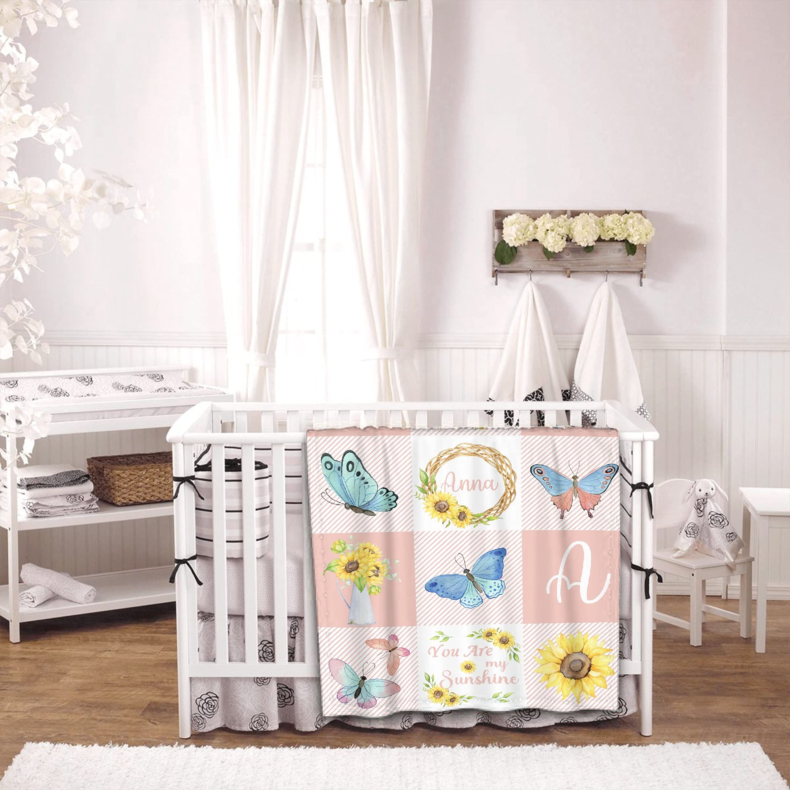 Personalized Baby Blankets for Girls & Boys - Custom Name Baby Blanket Gift | Soft Cozy Fleece Throw Quilt for Newborns & Toddlers | Sunflower Butterfly Design | XL Size for Nursery, Crib & Family Cuddles