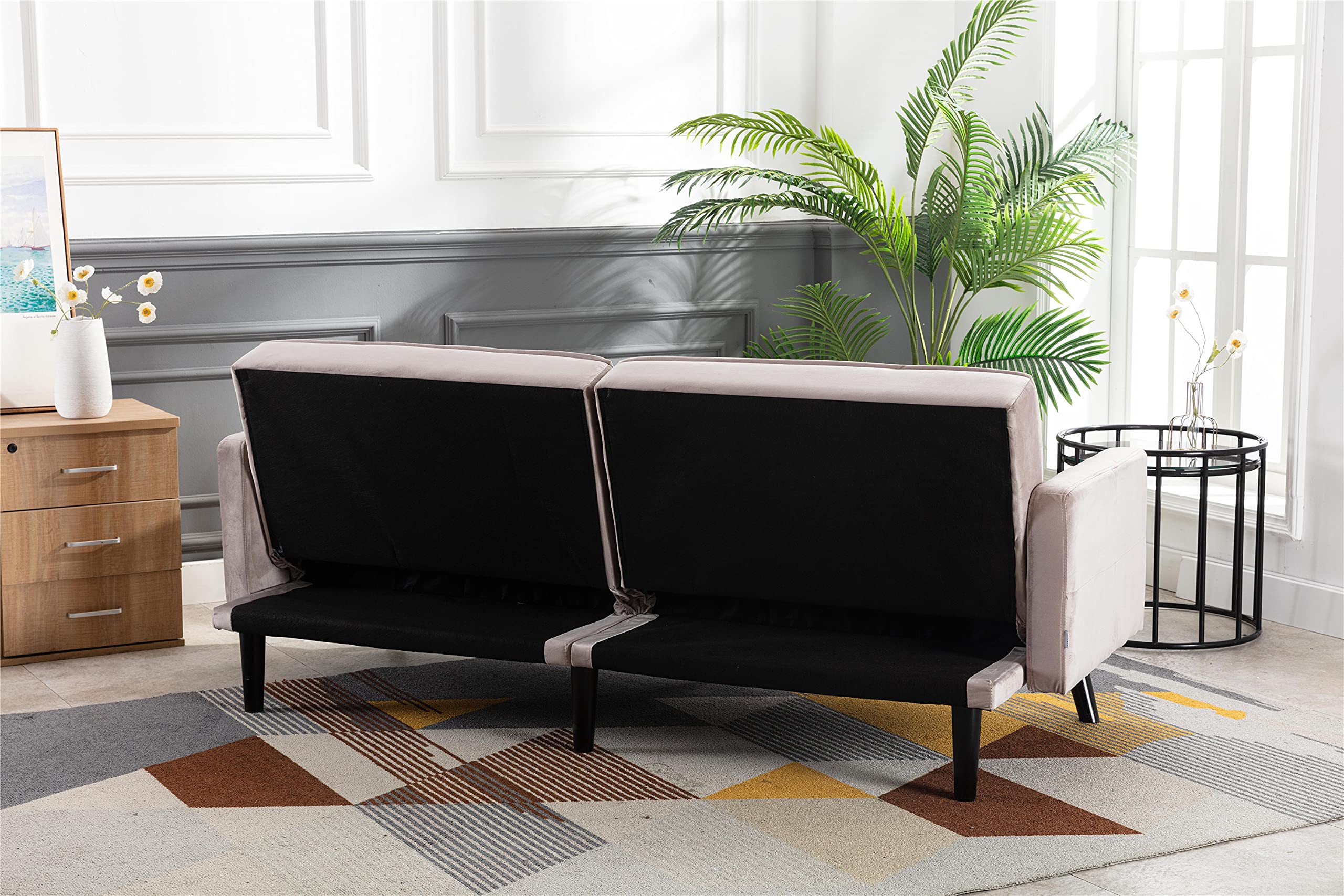 Velvet Convertible Sofa Bed with Adjustable Backrest & 6 Wooden Legs - Modern Folding Sleeper Loveseat for Living Room, Bedroom & Guest Room - Perfect for Small Spaces, Studio Apartments & Overnight Guests